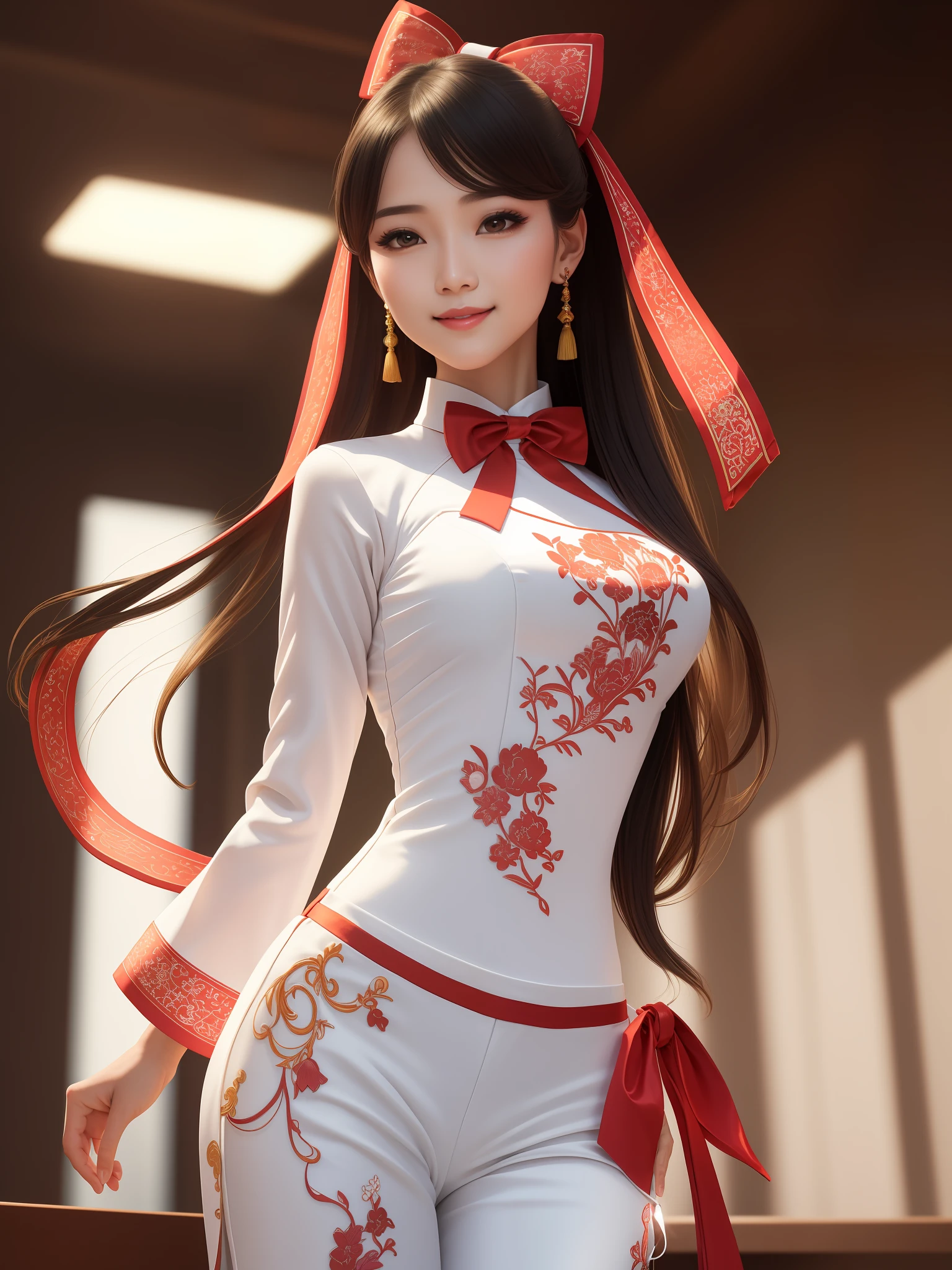 1girl, (best quality, masterpiece, ultra high resolution),(photorealistic:1.3), (realistic:1.3),(long legs:1.3), (closed mouth), (light smile:1.2), (long white ao dai:1.2), (Embroidered:1.2), (long trousers:1.2), (red bow tie:1.2),(day:1.3), (bright lights:1.3), indoors, busty, dynamic pose, vivacious and seductive,(standing), (slender), (slender legs), (busty:1.2), (facing to the side), shiny skin, nose blush, (male focus, from below:1.2), (lower body:1.2),