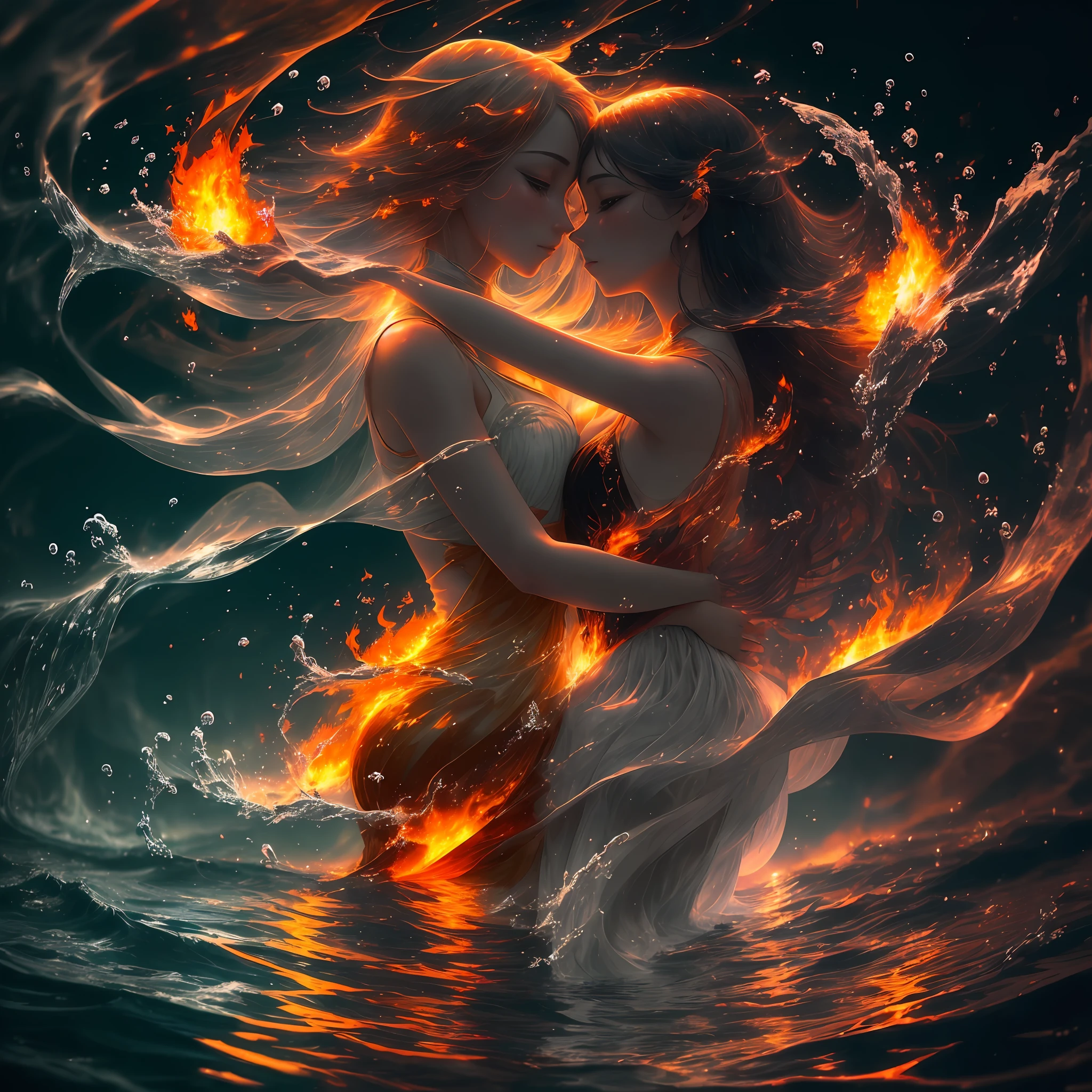 Create a captivating image that represents the passionate and harmonious love between fire and water. Picture a fiery flame and a gentle water element coming together in an elegant embrace. The flame should be depicted with vibrant, warm colors, radiating energy and intensity. The water element should be portrayed with cool, soothing tones, flowing gracefully and reflecting the light. Show the interplay between the two elements, with the fire casting flickering shadows on the water's surface, creating a mesmerizing dance of light and shadow. Add subtle visual cues, such as intertwining shapes or symbolic imagery, to enhance the connection and romance between fire and water. This image should evoke a sense of balance, unity, and the powerful attraction that can exist between opposing forces. --auto --s2
