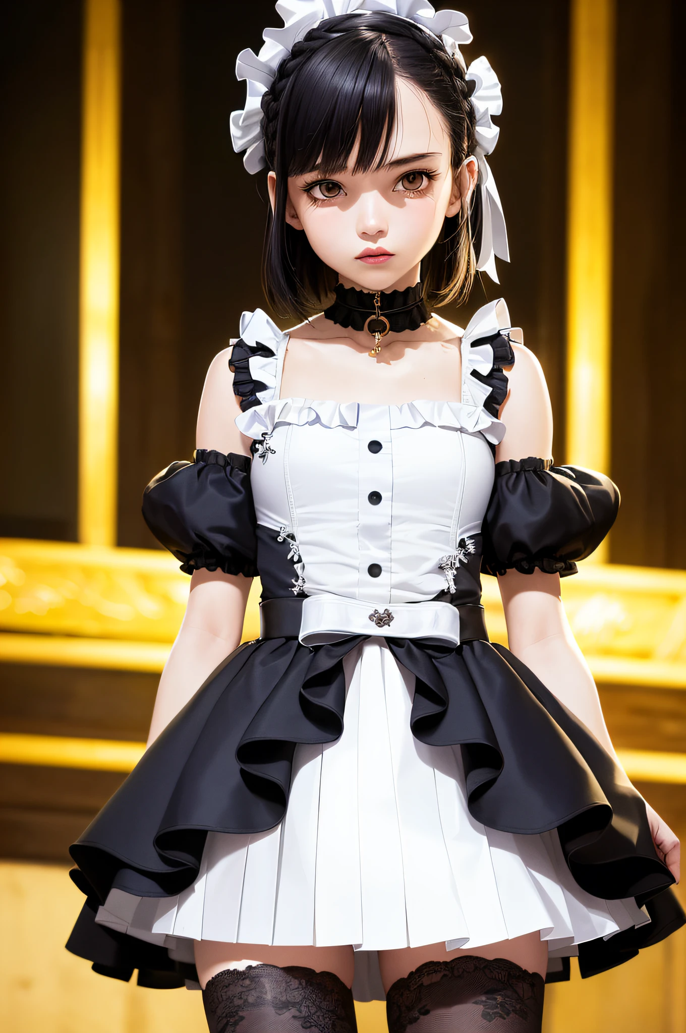 (8K, RAW, Professional, Best Quality, Masterpiece: 1.2), (Realistic, Photorealistic: 1.37), Ultra Detail, (Portrait), (Best Detail Skin: 1.2), (Best Detail Face: 1.2), Cinematic Lighting, 1 Girl, (Masterpiece), (Best Quality: 1.0), (Ultra High Definition: 1.0), Detailed Illustration, portrait, detail, girl, single, , detailed beautiful skin, slender, face focus, dim light, harsh theme, constriction, full anatomy, random hairstyle short hair, ultra high definition face, detailed eyes, mine system, goth loli, white soft clothes, choker, braided short boots, taut pointed, hair ornament, idol group uniform