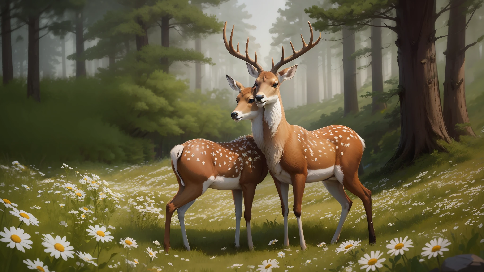 Deer hugging, male and female deer hugging, tenderness of deer, pair of deer, standing in a field of daisies, against the background of a forest of pines, a pine forest --auto --s2