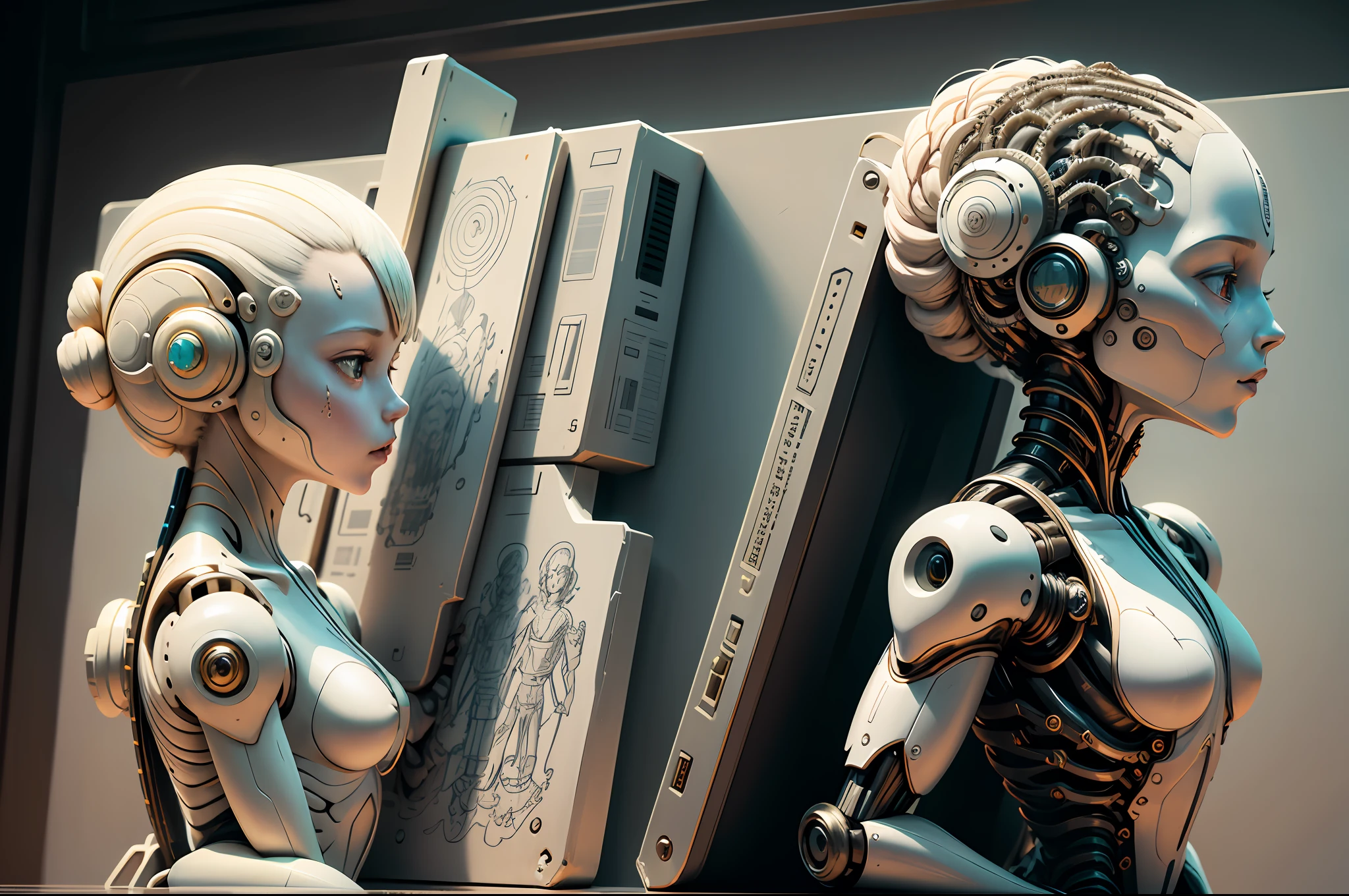 "Created with inspired ultra-detailed conceptual art | in a very developed futuristic world | electronic systems on a humanoid head | robots | have a visible detailed brain | with visible care | muscle cords | biopunk | cybernetics | cyberpunk | white marble statue | canon m50| 100 mm|sharply focused|smooth|surrealism|very detailed|intricate details|Michelangelo carving. Masterpiece. Unleash your inner Cu73Cre4ture programmer with the power of steady diffusion and bring your imagination to life! ", high detail, 8k