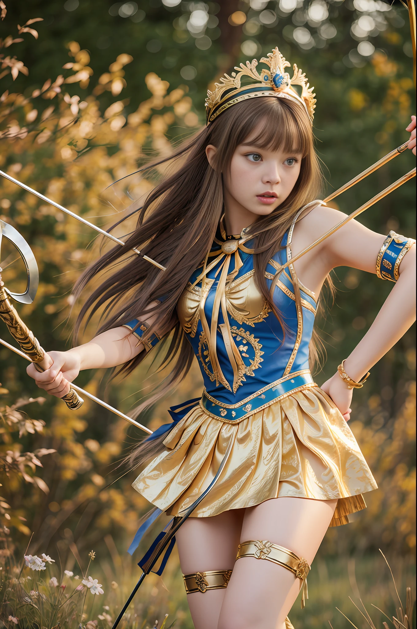 8k, best quality, masterpiece, highly detailed, semi realistic, 1 girl, young female, 19 years old, golden long hair, right eye covered by Bangs, blue right eye, jewelry crown, palace style white and gold short skirts, golden iron boots, slim figure, holding a sword,Bow and arrow, holding a bow and arrow, shooting arrows, --auto --s2