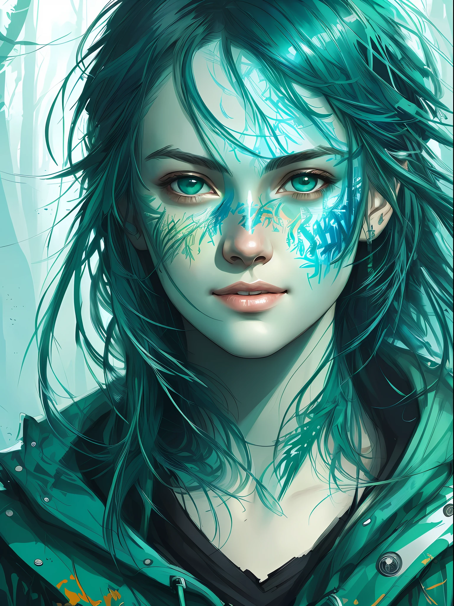 happy girl, centered, looking at the camera, approaching perfection, dynamic, (shades of blue and ((forest green:1.2)))), highly detailed, digital painting, art station, concept art, smooth, sharp focus, illustration, art by Carne Griffiths and Wadim Kashin, detailed face, 4k