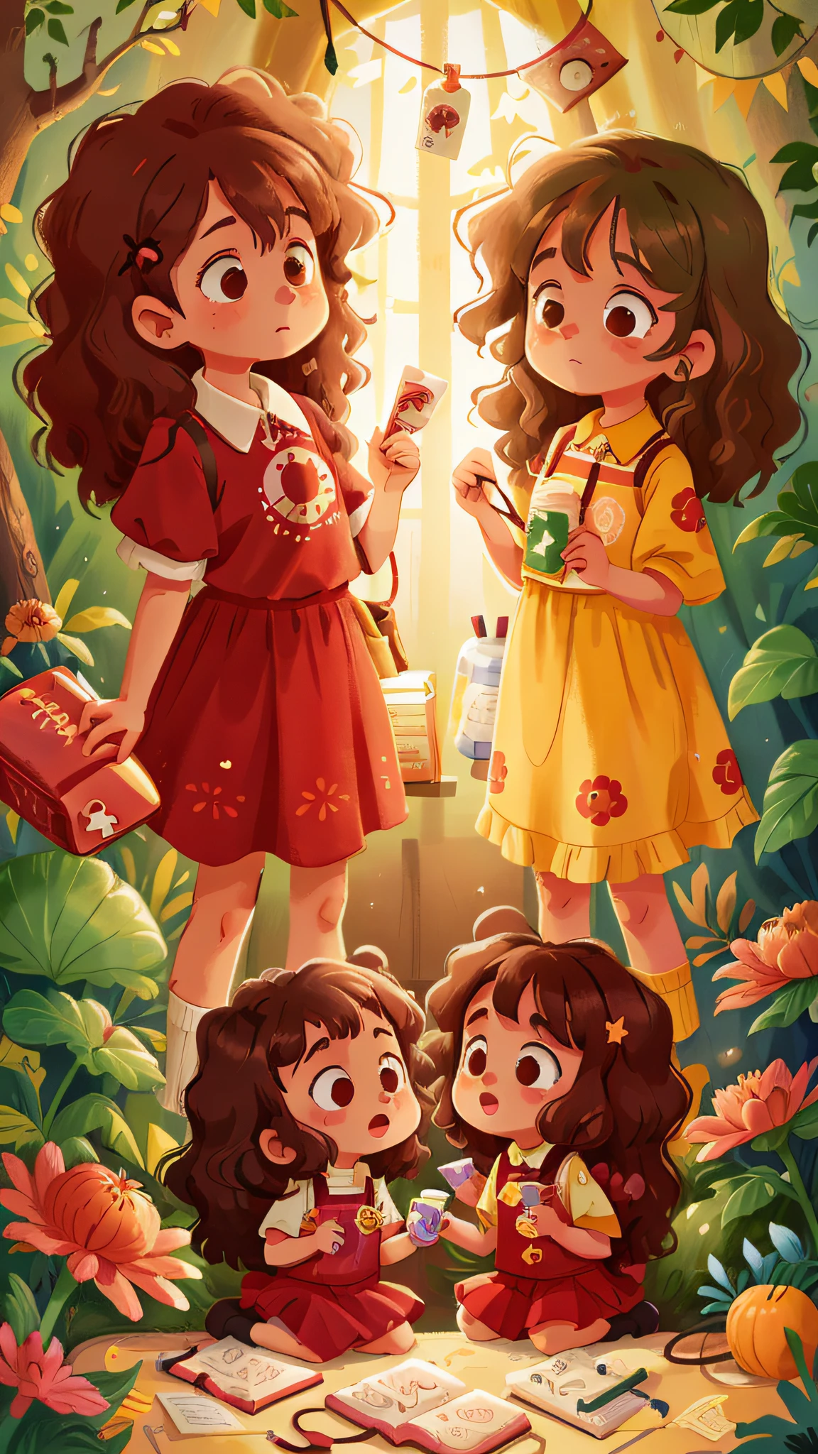 Two girls, twins, curly brown hair, one took a fall and the mother is putting medicine on