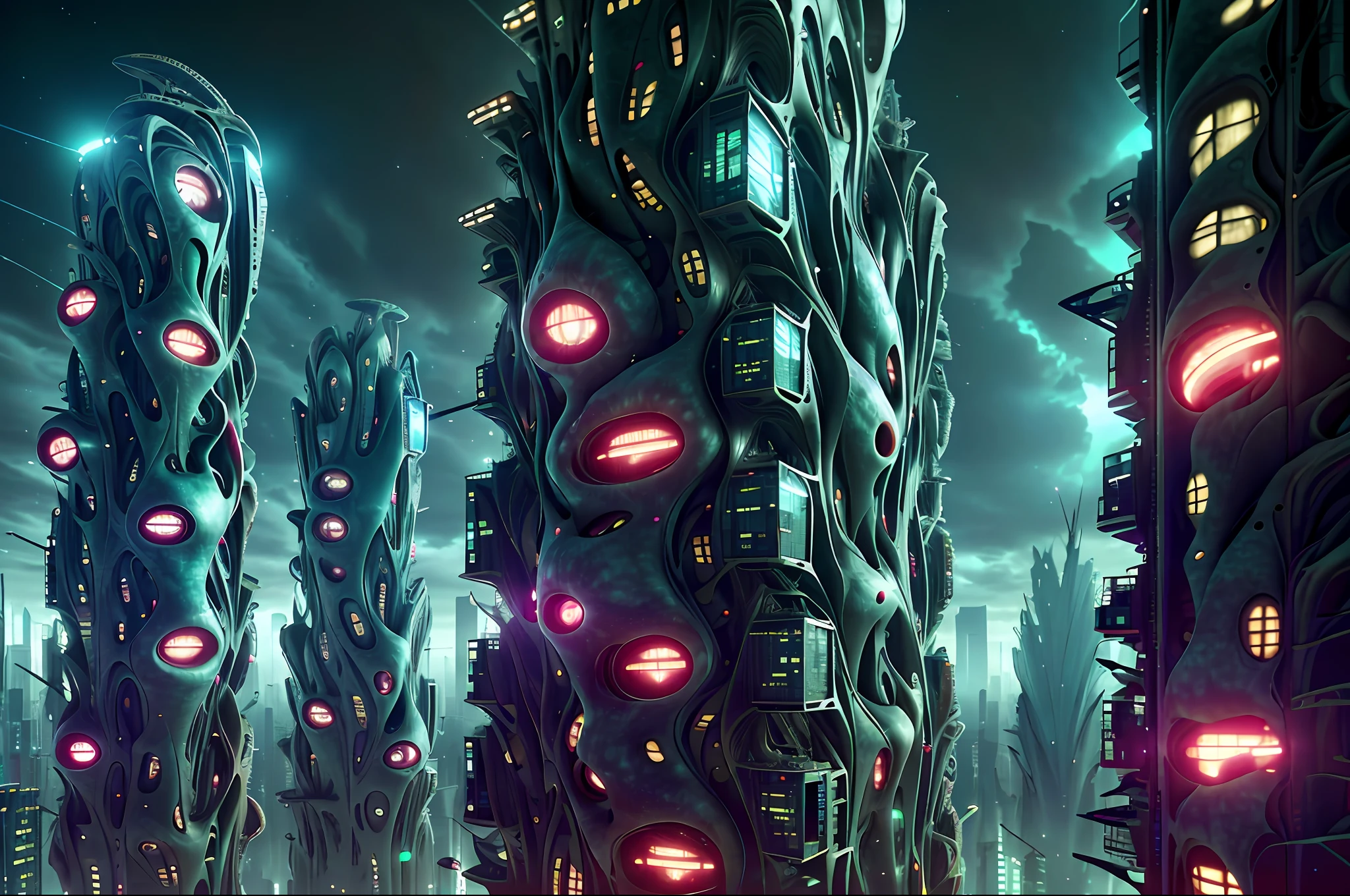 (extremely detailed CG unity 8k wallpaper, masterpiece, best quality, ultra-detailed), (dirty, grungy), (1girl), (BioPunkAI, genetic modification, augmented reality, futuristic madness landscape), (high-rise buildings, crowded streets, night time). Horror art, Unreal engine, UHD, line art drawing style.