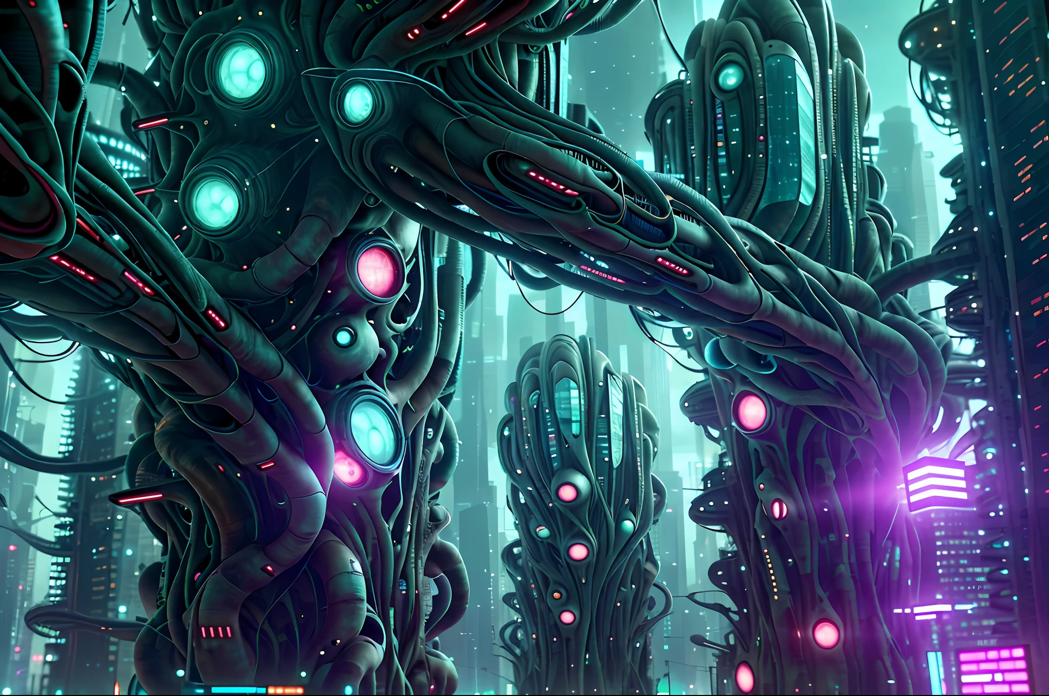 (extremely detailed CG unity 8k wallpaper, masterpiece, best quality, ultra-detailed), (dirty, grungy), (1girl), (BioPunkAI, genetic modification, augmented reality, futuristic madness landscape), (high-rise buildings, crowded streets, night time). Horror art, Unreal engine, UHD, line art drawing style.
