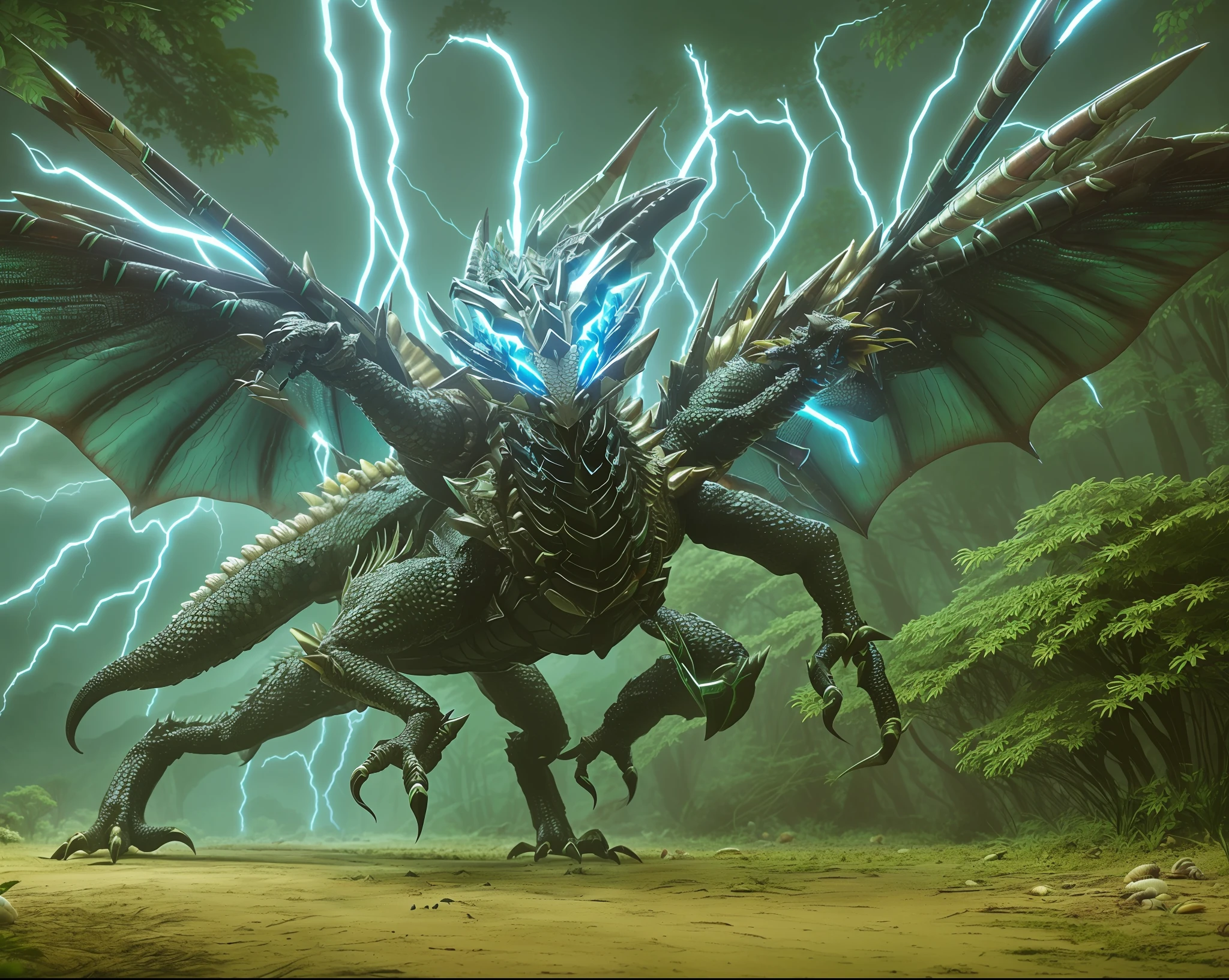 Synthetic Monster (Dragon's Head) ((Strong six-legged with shell, sharp scales, large sickle, three-pronged tail, six-legged walking)) (Spread out insect wings) Forest (((Lightning effect)))