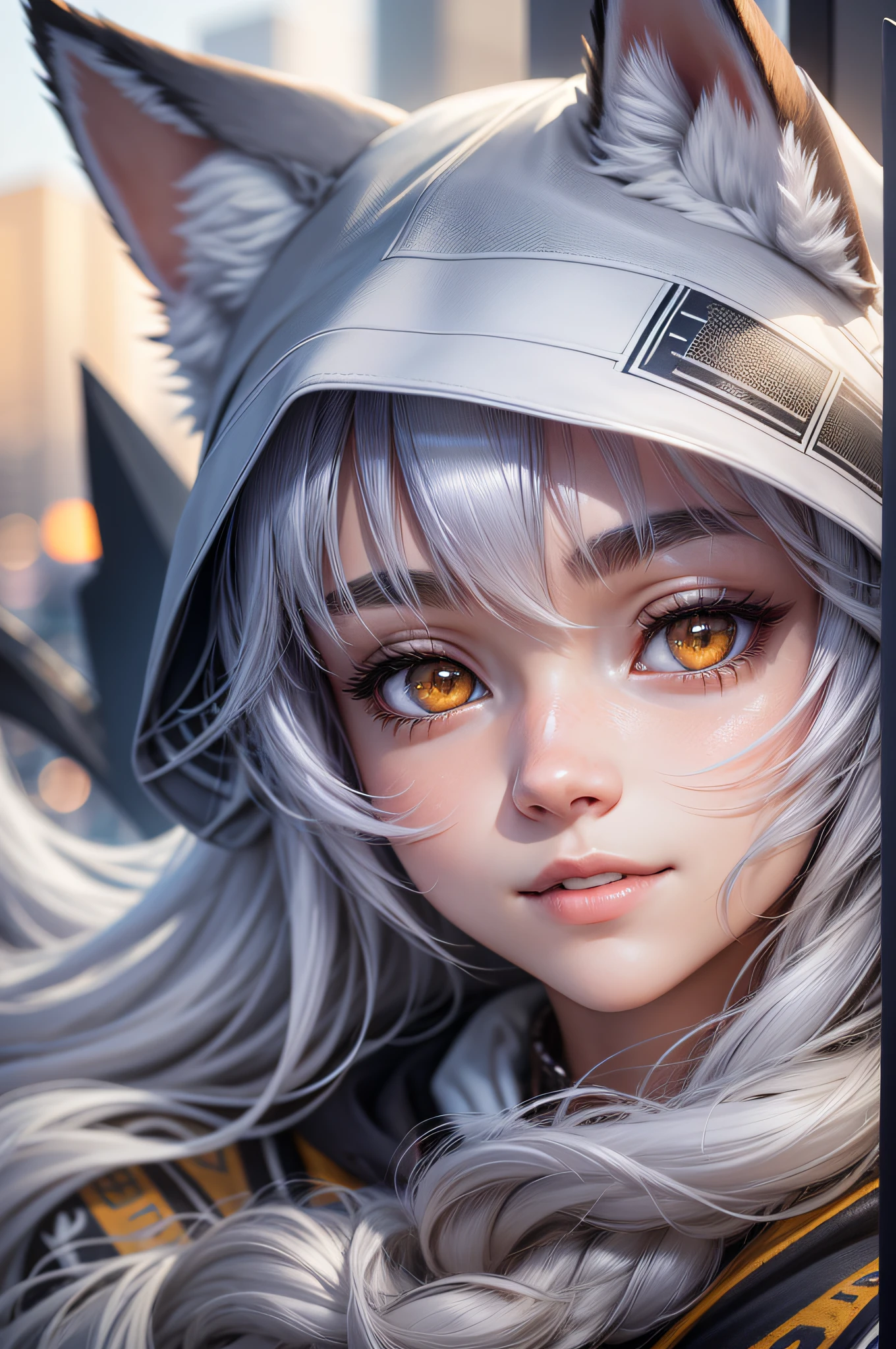 Fox girl with beautiful face alone facing her, with a sunny city with blurred background, silver hair, hood, dashed eyes, fox ears, clear smile, expressionism, luminism, chiaroscuro, Fujicolor, jpeg artifacts, UHD, 8k --auto --s2