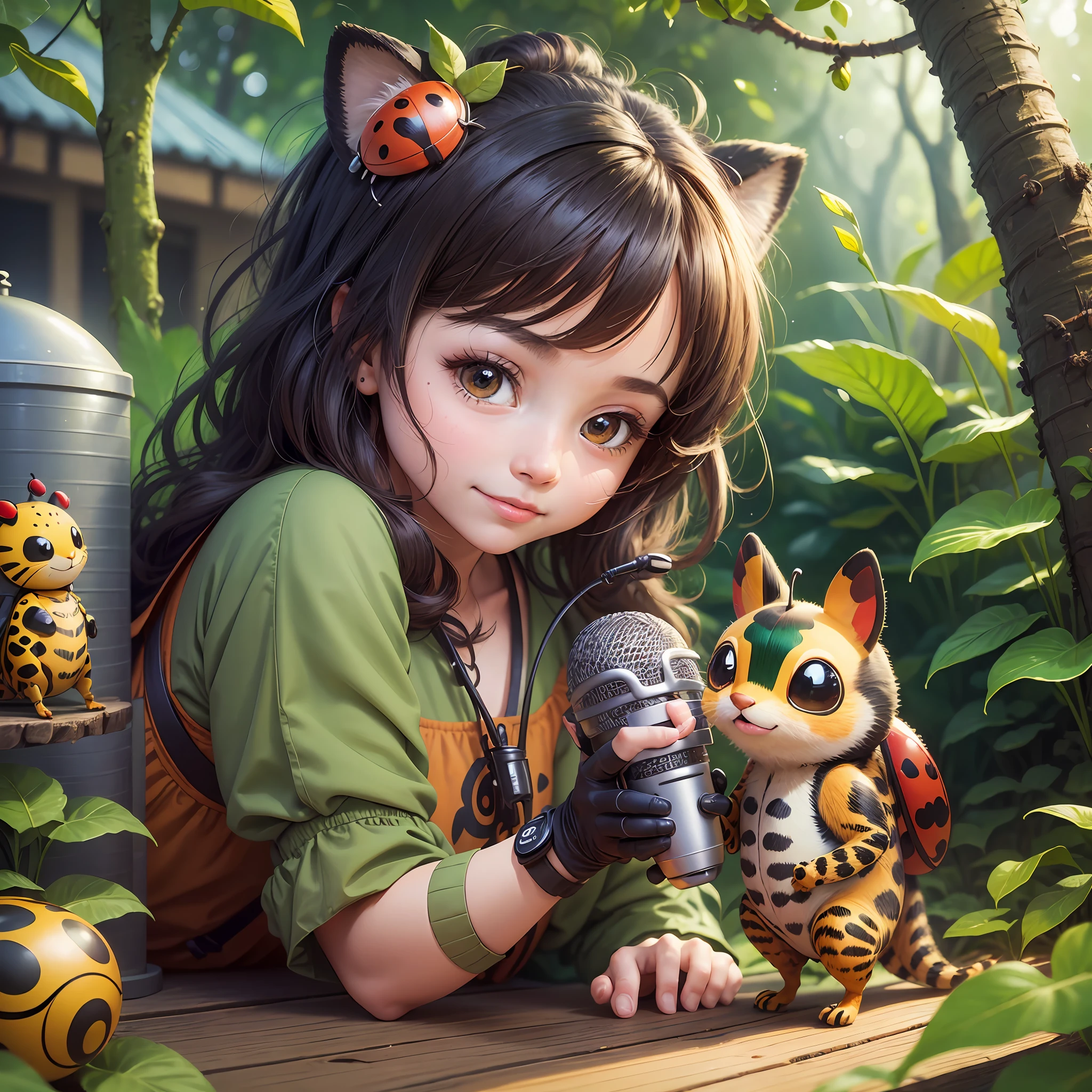 Children's story cover, ladybug girl in the jungle, animal friends, microphone, eliz, happy, perfect quality, clear focus (clutter - house: 0.8), (masterpiece: 1.2) (Realistic: 1.2) (Bokeh) (Best quality) (Detailed skin: 1.3) (Intricate details) (8K) (Detail eyes) (Sharp focus), (Happy) --auto --s2