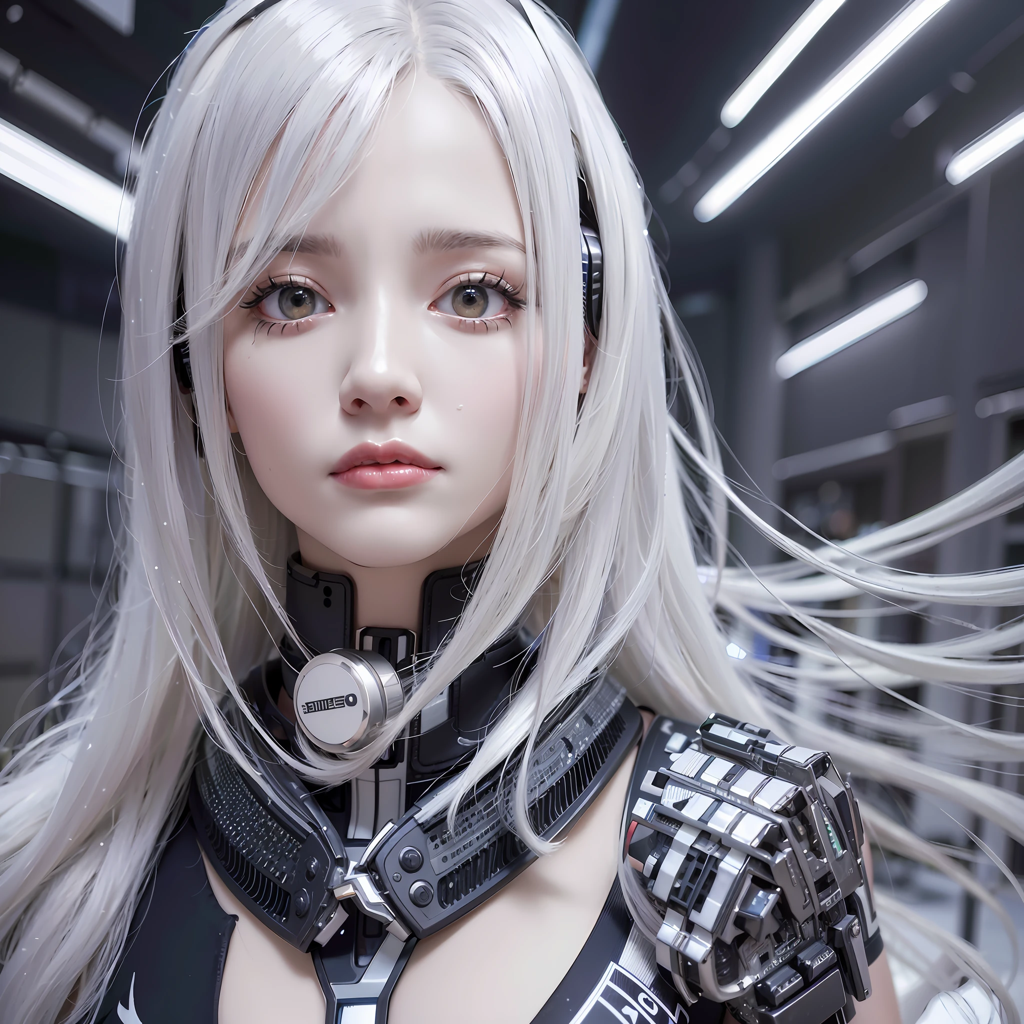 Close up of woman with long white hair in black and silver costume, cyborg - girl with silver hair, beautiful white girl cyborg, perfect android girl, cute cyborg girl, 3d rendering character art 8k, beautiful girl cyborg, beautiful female android, female cyberpunk anime girl, beautiful female android!, perfect anime cyborg female, cyborg girl, beautiful eyes, tears mole, full view