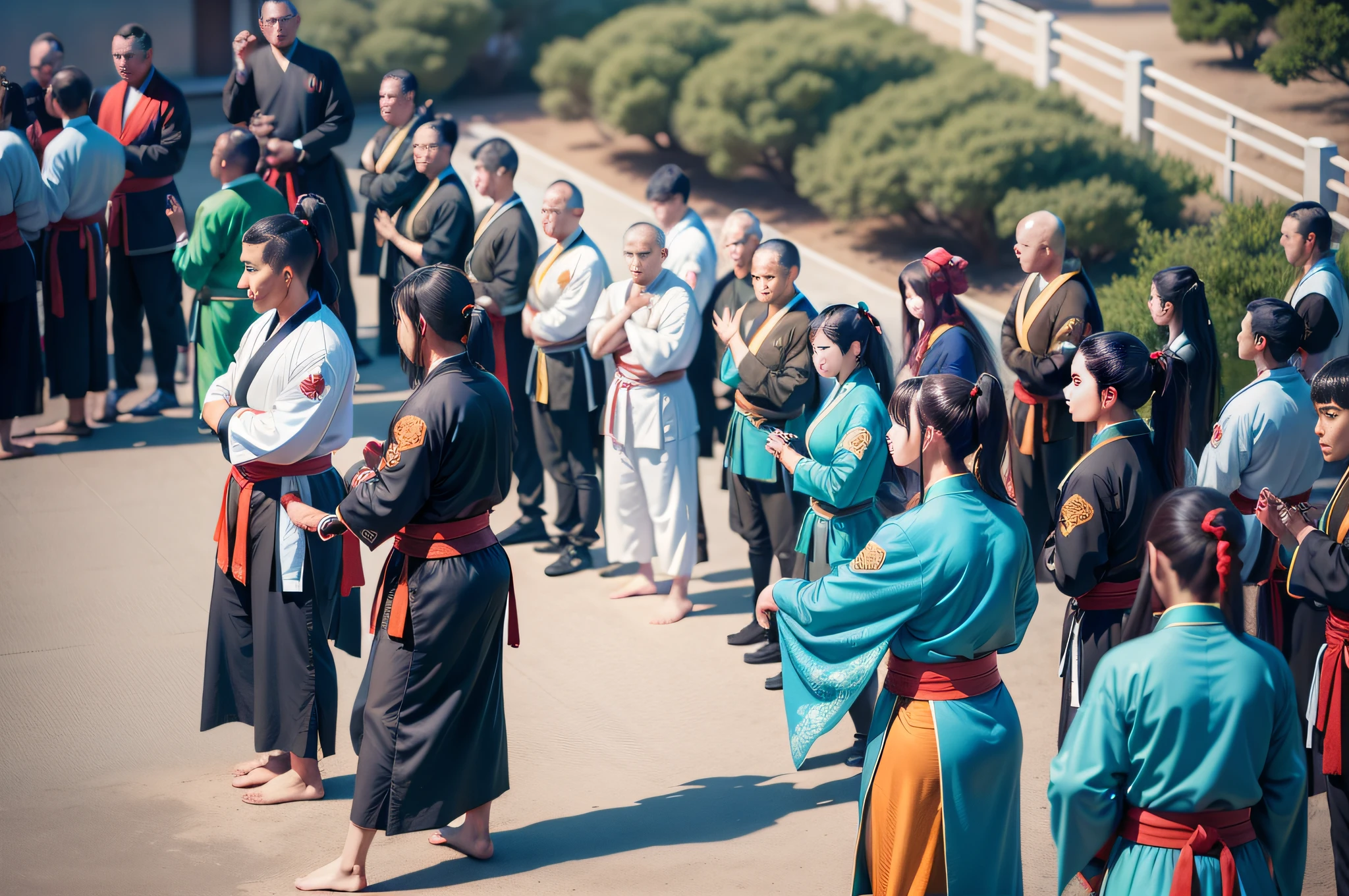 Ultra high resolution, super detail, super high resolution. Close-up, many people, outdoor martial arts arena, many people watching, cyan martial arts training robes, far view, from above. Chinese ancient style, Chinese martial arts style. 8K。
