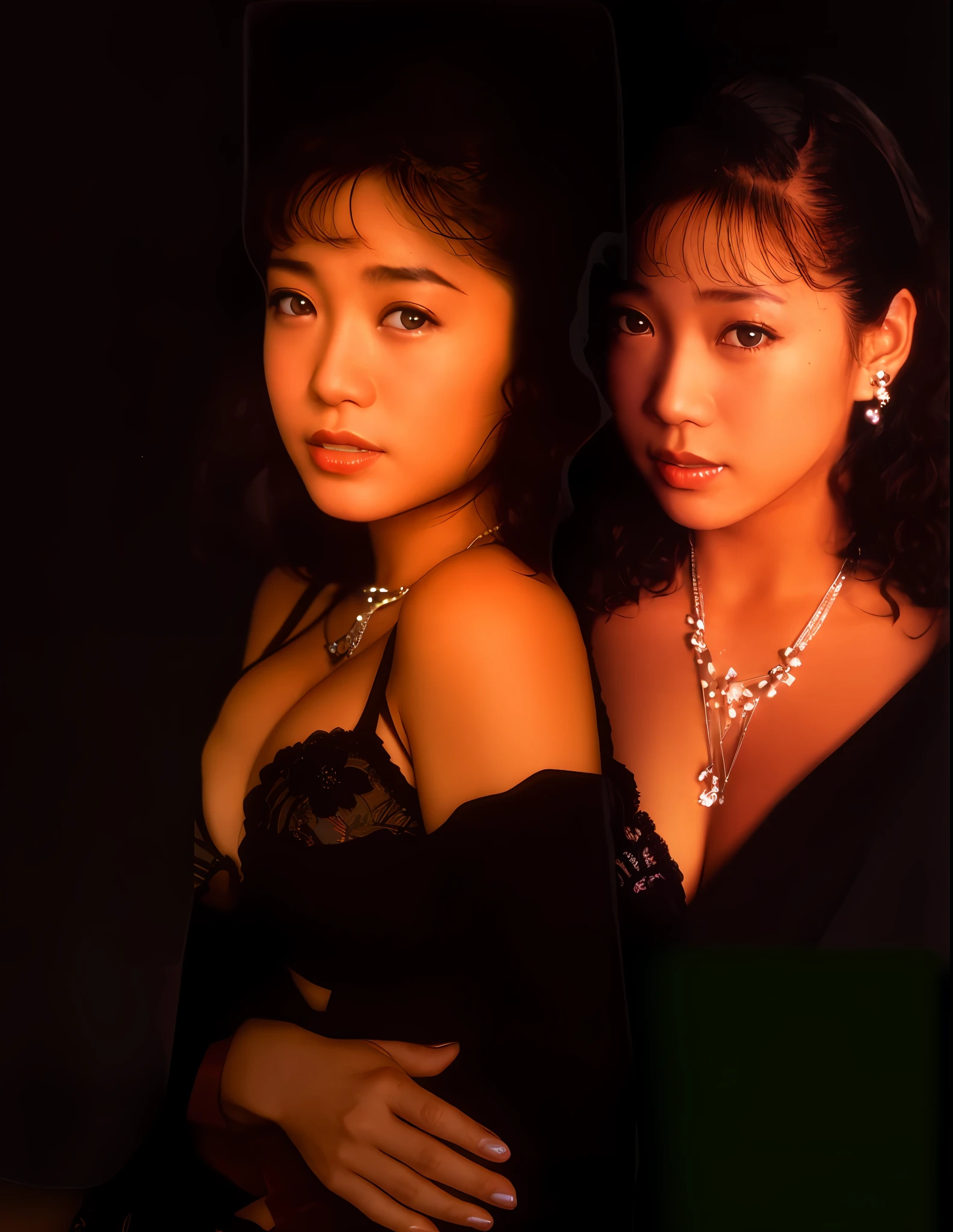 They are twin sisters in black dresses posing for photos, 8 0s Asian neon movie stills, Akiko Takase, 80s Japan photos, Ayami Kojima and Ride Caldwell, Kemono, Yoshitomo Nara, Gene Chin and Katsuya Terada, Japan 1 9 8 0 album cover