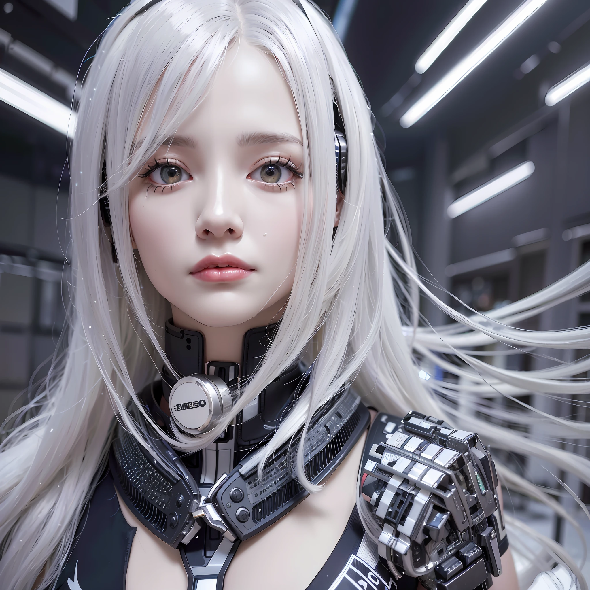 Close up of woman with long white hair in black and silver costume, cyborg - girl with silver hair, beautiful white girl cyborg, perfect android girl, cute cyborg girl, 3d rendering character art 8k, beautiful girl cyborg, beautiful female android, female cyberpunk anime girl, beautiful female android!, perfect anime cyborg female, cyborg girl, beautiful eyes, tears mole, full view