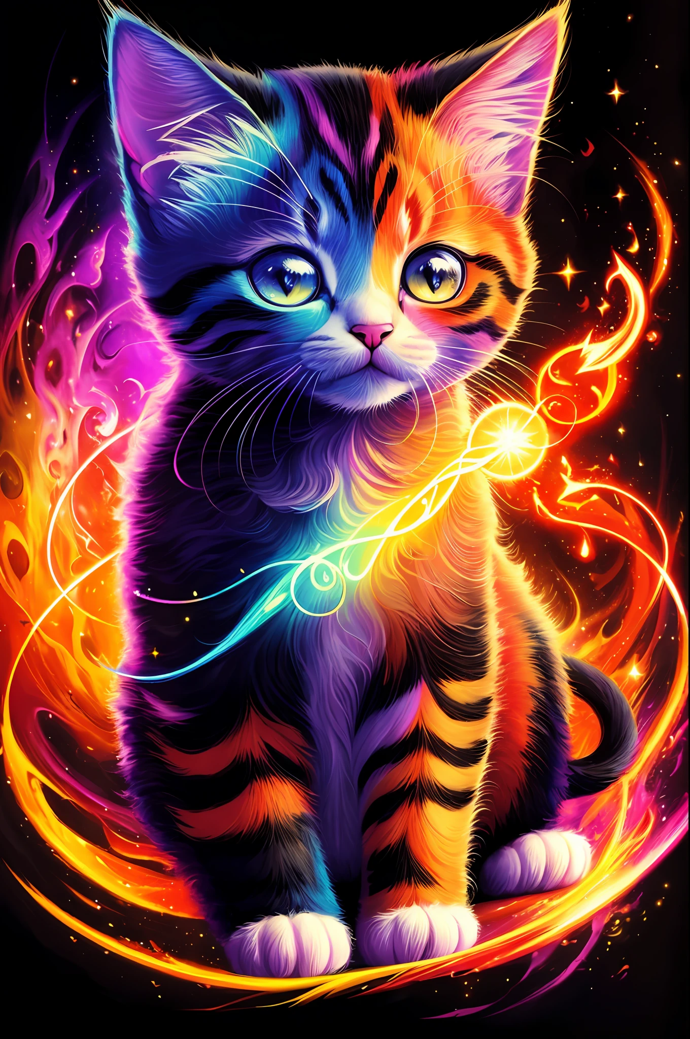 a painting of a colorful kitten on a black background,, breathtaking rendering, within a radiant connection, inspired by Kinuko Y. Craft,, magical elements, kitten icon, wow, is beautiful, casting a multi colorful spell, bright flash, flash