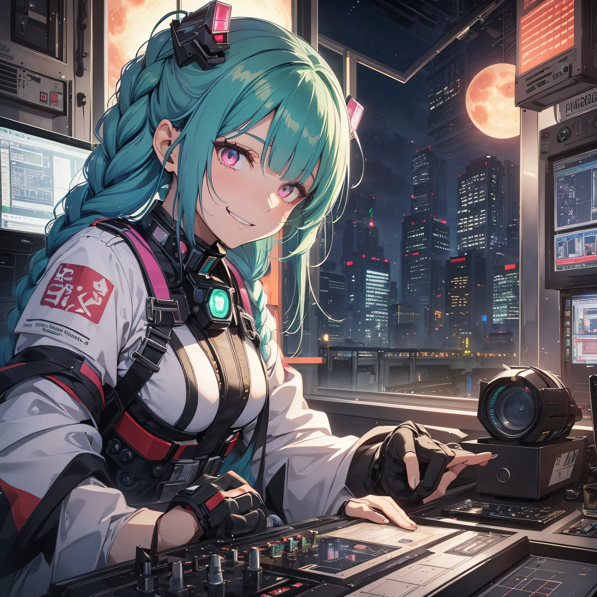 Absurd resolution, high resolution, (masterpiece: 1.4), hyper-detailed, 1 young woman, arm tattoo, asymmetrical bangs, bangs, blue hair, braids, pilot outfit, looking at the audience, crazy look (1.1), green hair, long hair, pink eyes, solo, standing, tattoo, double braids, sitting in an extremely narrow and closed mecha control room (1.3), operating a mecha (1.5) Night outside the window (1.1), blood moon (1.1), expression cruel, bloodthirsty and excited grin (1.5)