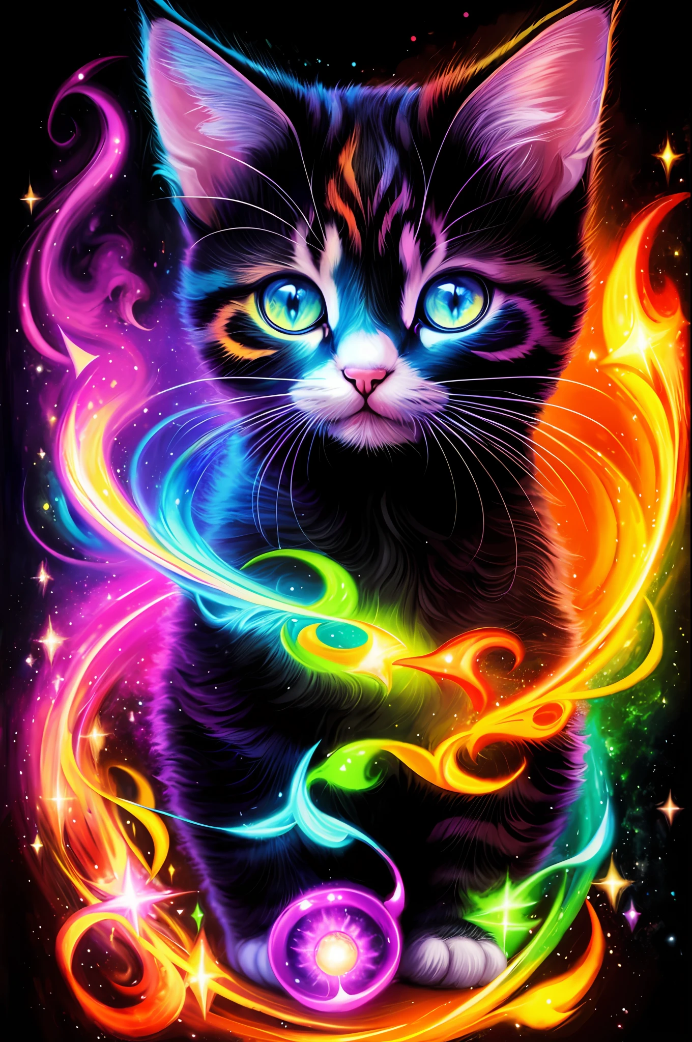 a painting of a colorful kitten on a black background,, breathtaking rendering, within a radiant connection, inspired by Kinuko Y. Craft,, magical elements, kitten icon, wow, is beautiful, casting a multi colorful spell, bright flash, flash