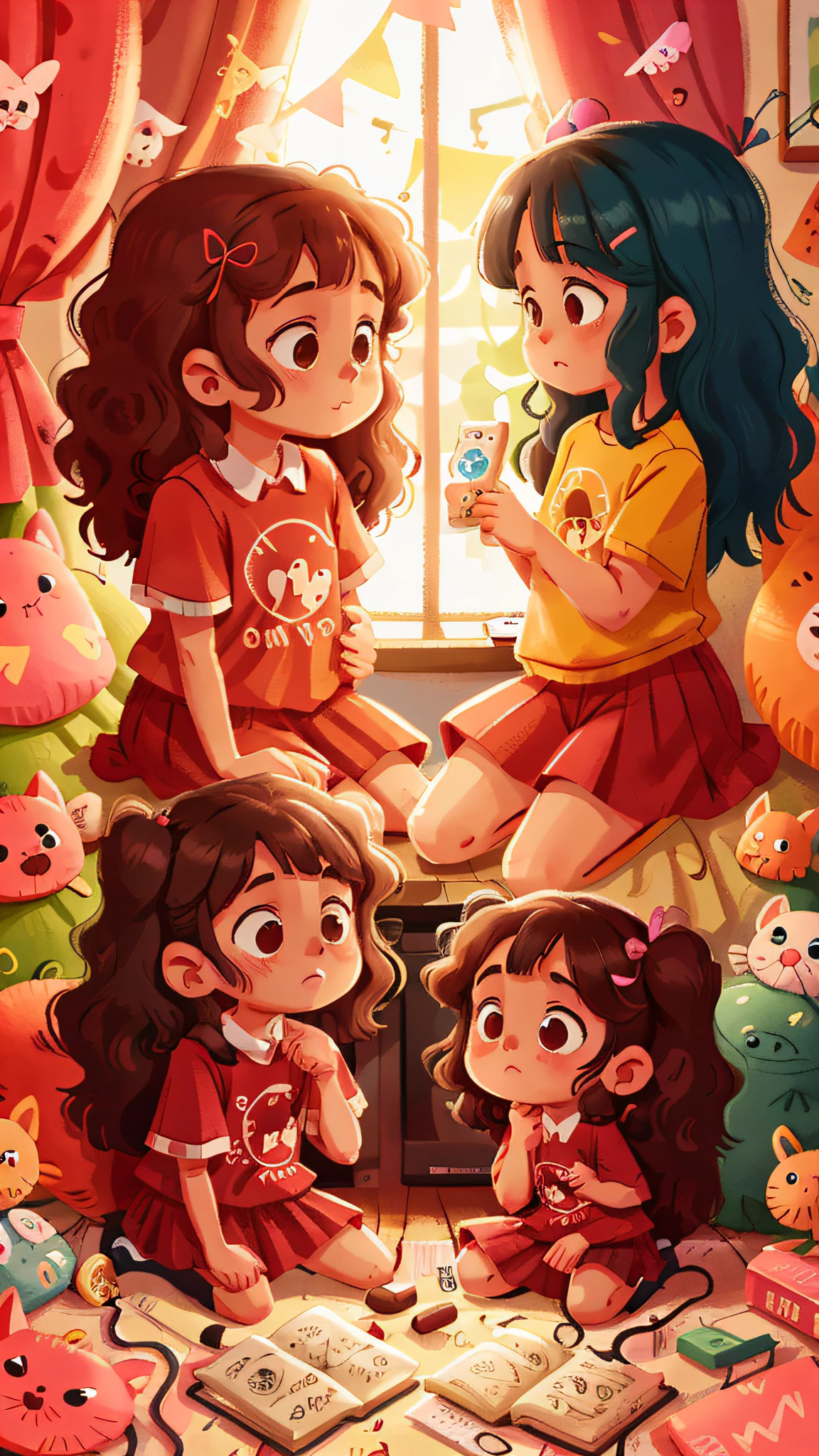 Two girls, twins, curly brown hair, watching tv