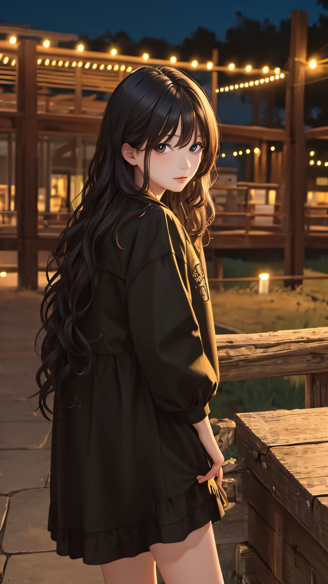 (masterpiece:1.2), (best quality:1.2), night, (looking at viewer), bright skin, cowboy shot,
outdoors, fringe,
long hair, (wavy hair),