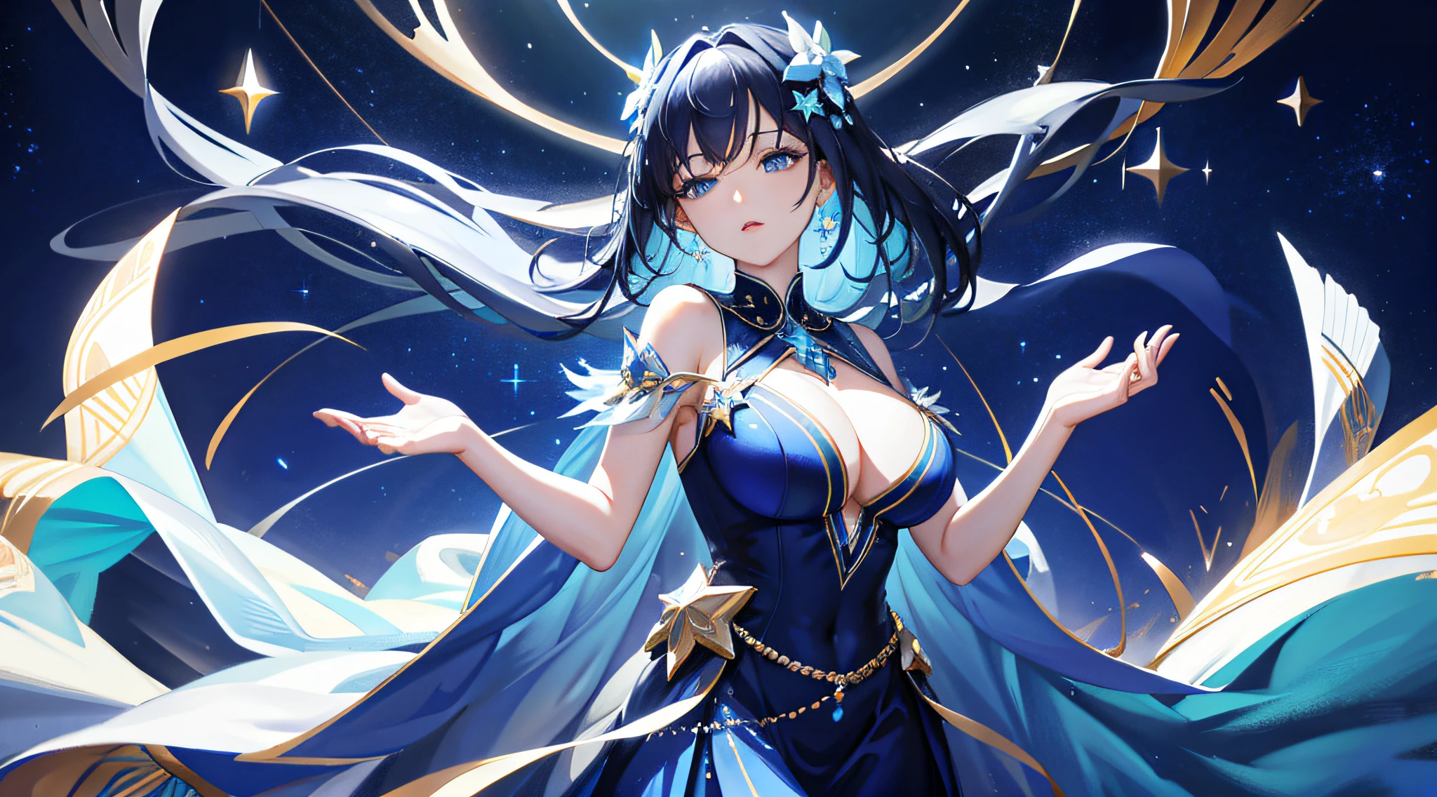 goddess of star, detailed blue dress, starry pattern, exquisite, complex, starry sky, (open mouth:0.6), expressionless, hair ornament, [half-closed eyes:0.5], big breasts, cowboy shot,