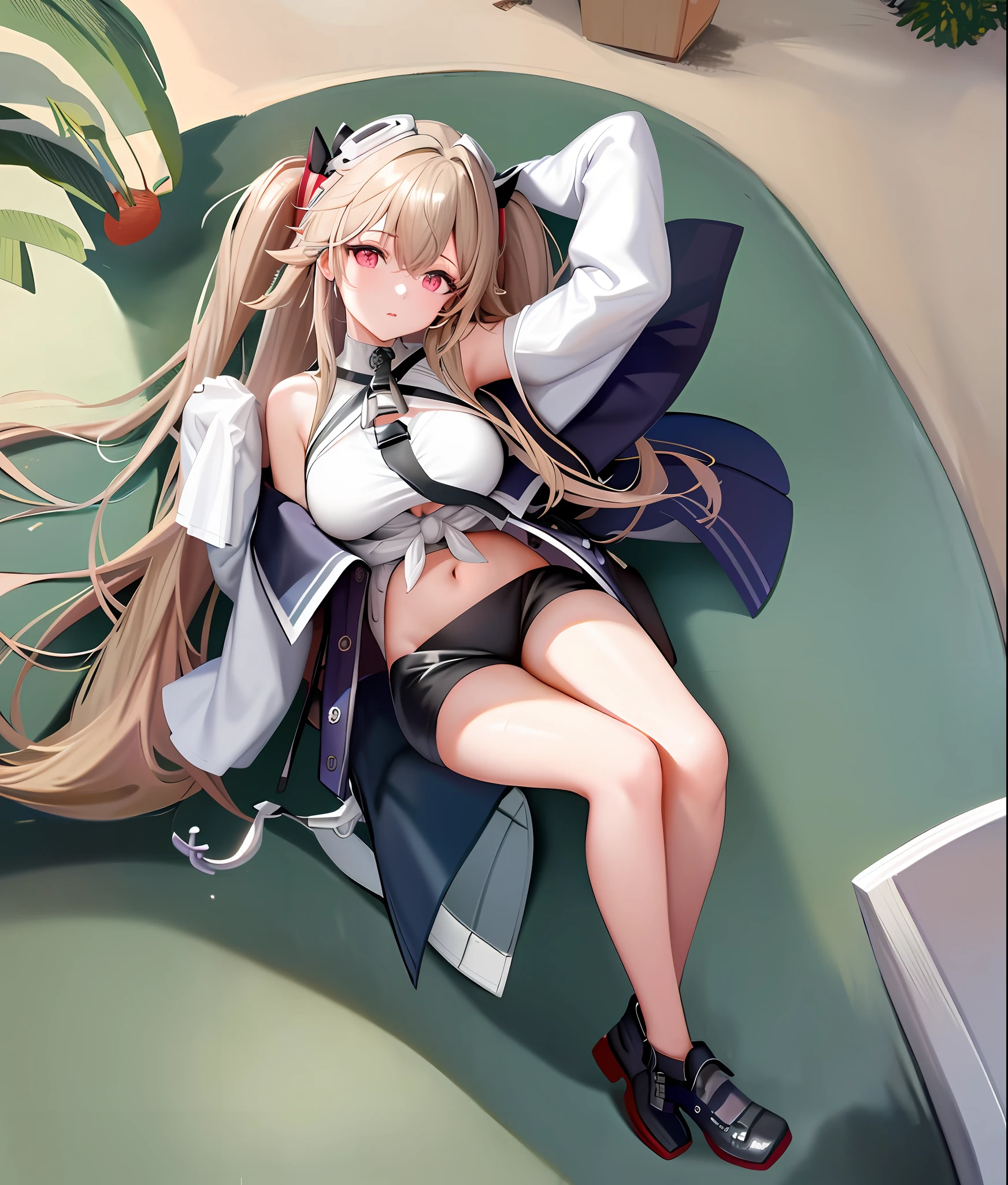 best quality masterpiece, AnchorageV4, 1girl, solo, looking at viewer, navel, cropped shirt, short pants, street, peaked cap, colorful, RTX,