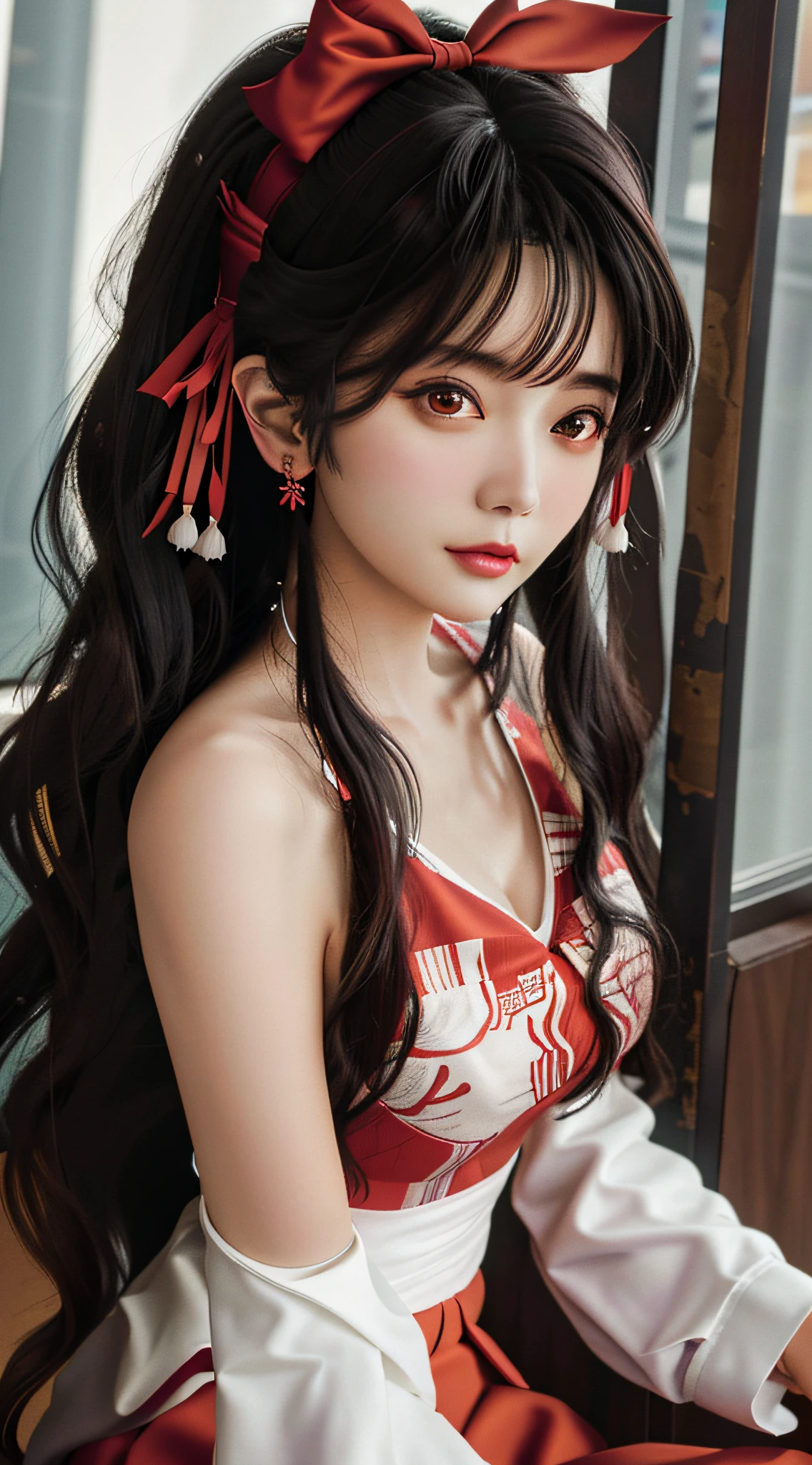 Top Quality, Masterpiece, 1 Girl, Beautiful Face, ((Borei Reimu)))), (Touhou Project))), 20-year-old woman, (Photographic photo:1.3), Rim lighting, (High detail skin:1.2), 8K UHD, DSLR, High quality, High resolution, 4K, 8K, Bokeh, Absurdity, Best ratio four fingers and one thumb, (Real:1.3), Bangs, Cute 1 girl, Red ribbon, Midchest , Light clothing, Red skirt, Banknote
