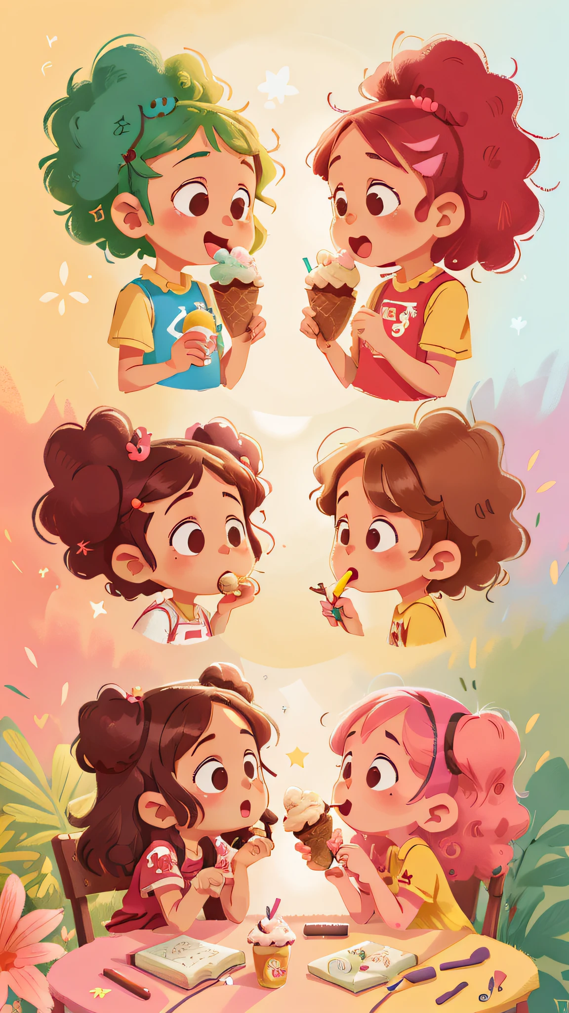 Two girls, twins, curly brown hair, eating ice cream
