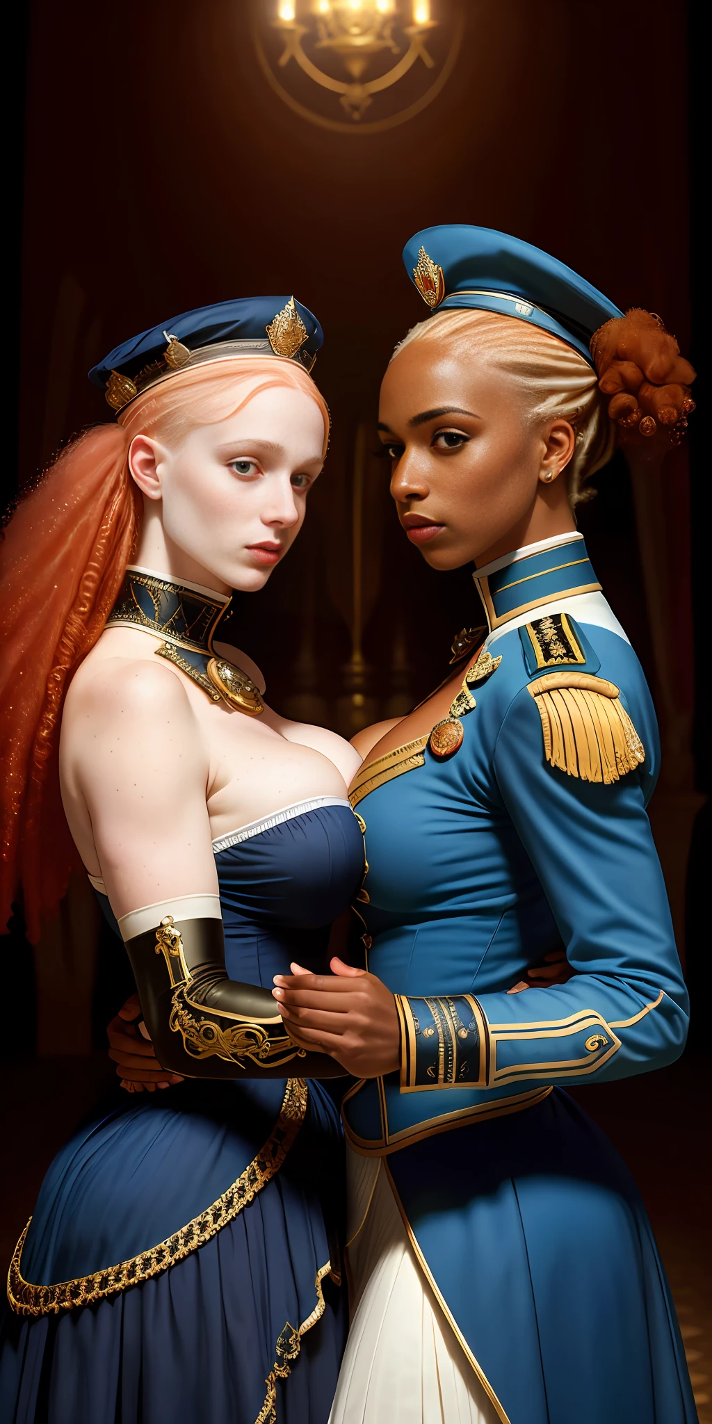 one woman is white with freckles and the other is black lustful attractive, (sfw:2.0), ultra-realistic 8k wallpaper panorama, full body shot of sexy queen and black girl soldier dancing waltz, one woman is albino bald redhead sexy with freckles and the other is black african goddess lustful attractive, side view, maid,milf, big boobs, stunningly beautiful, cleavage, perfect face, sexy 19th century blue uniform, medals, posing, waterloo battlefield, sunny, (depth of field:1.2), (intricate:1.4), (best quality:1.4), (masterpiece:1.4), (realistic:1.4), (insanely detailed:1.4), (high saturation:1.2), (side light:1.4), (art by Edward John Poynter:1.1), (sfw:2.0)