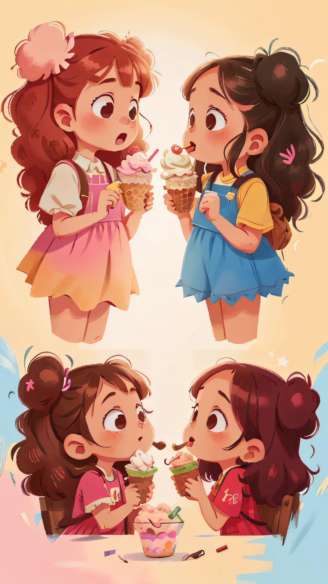 Two girls, twins, curly brown hair, eating ice cream