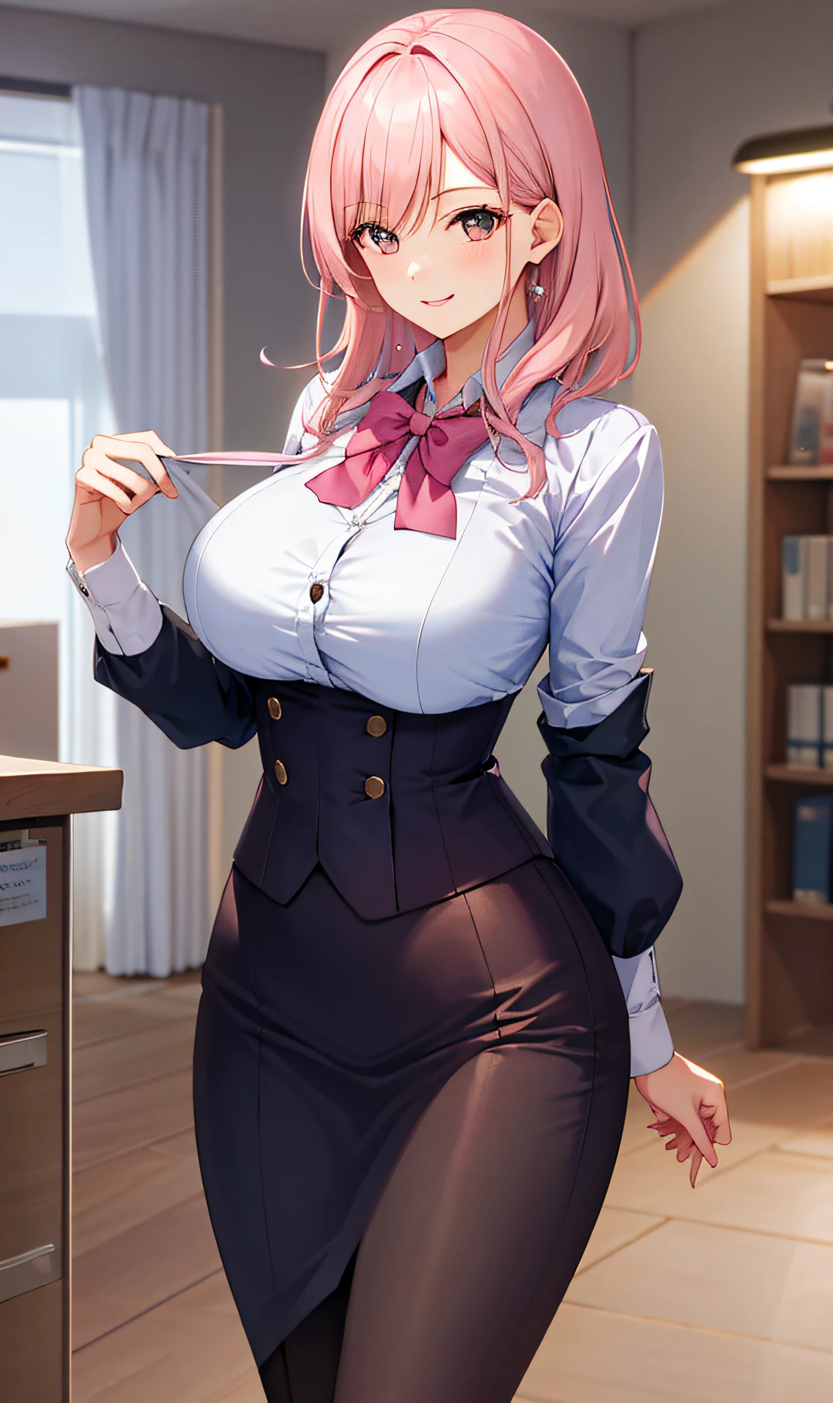 ((masterpiece, best)), (1girl), (mature woman), light pink hair, open-chest seduction, flared, ((office lady)), bangs, mid-chest, (full), slim, smile, [wide hips], office, standing, aru \ (blue file), 8K quality,