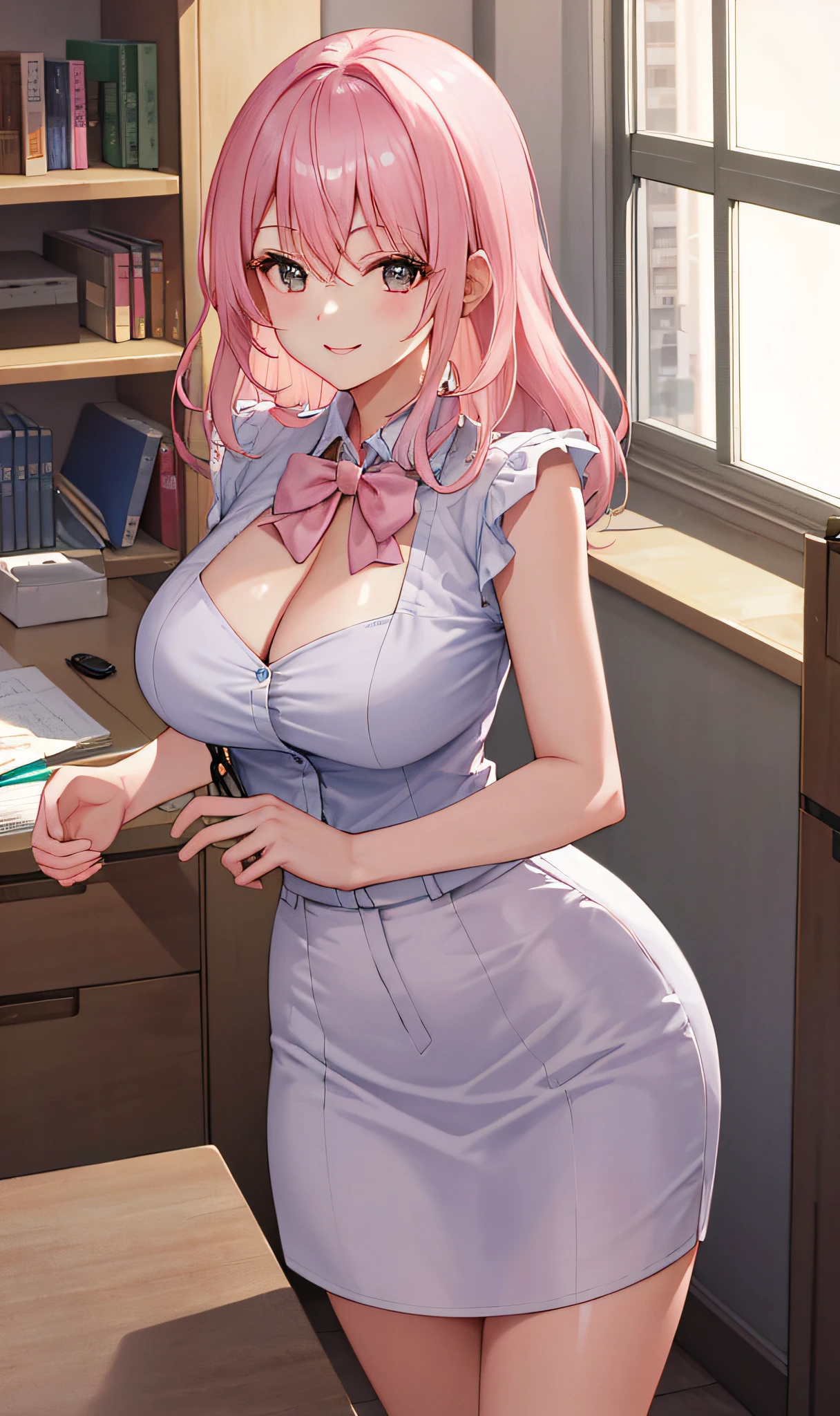 ((masterpiece, best)), (1girl), (mature woman), light pink hair, open-chest seduction, flared, ((office lady)), bangs, mid-chest, (full), slim, smile, [wide hips], office, standing, aru \ (blue file), 8K quality,
