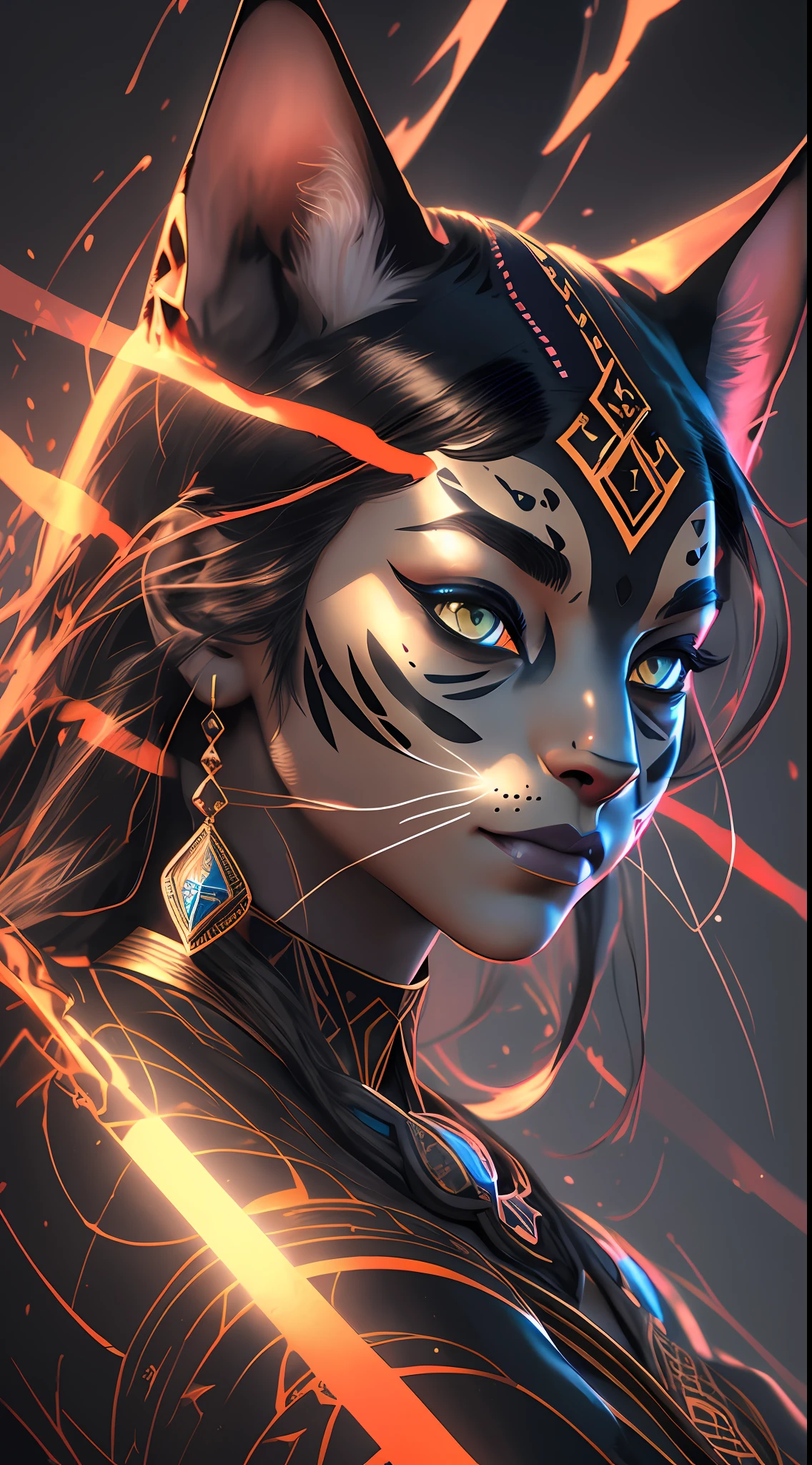 Hyperrealistic bust of the feline Goddess Bastet as a black cat, hand close to face, red scratch on face, perfect hand, simple adornment on the head, slightly in profile, ((inkblots)), ((colored inkbaffes)), in the style of the artist Android Jones, mystical colors, rim light, (((dramatic and dark lighting)))), 8k, stunning scene, raytracing, octane, trend in artstation