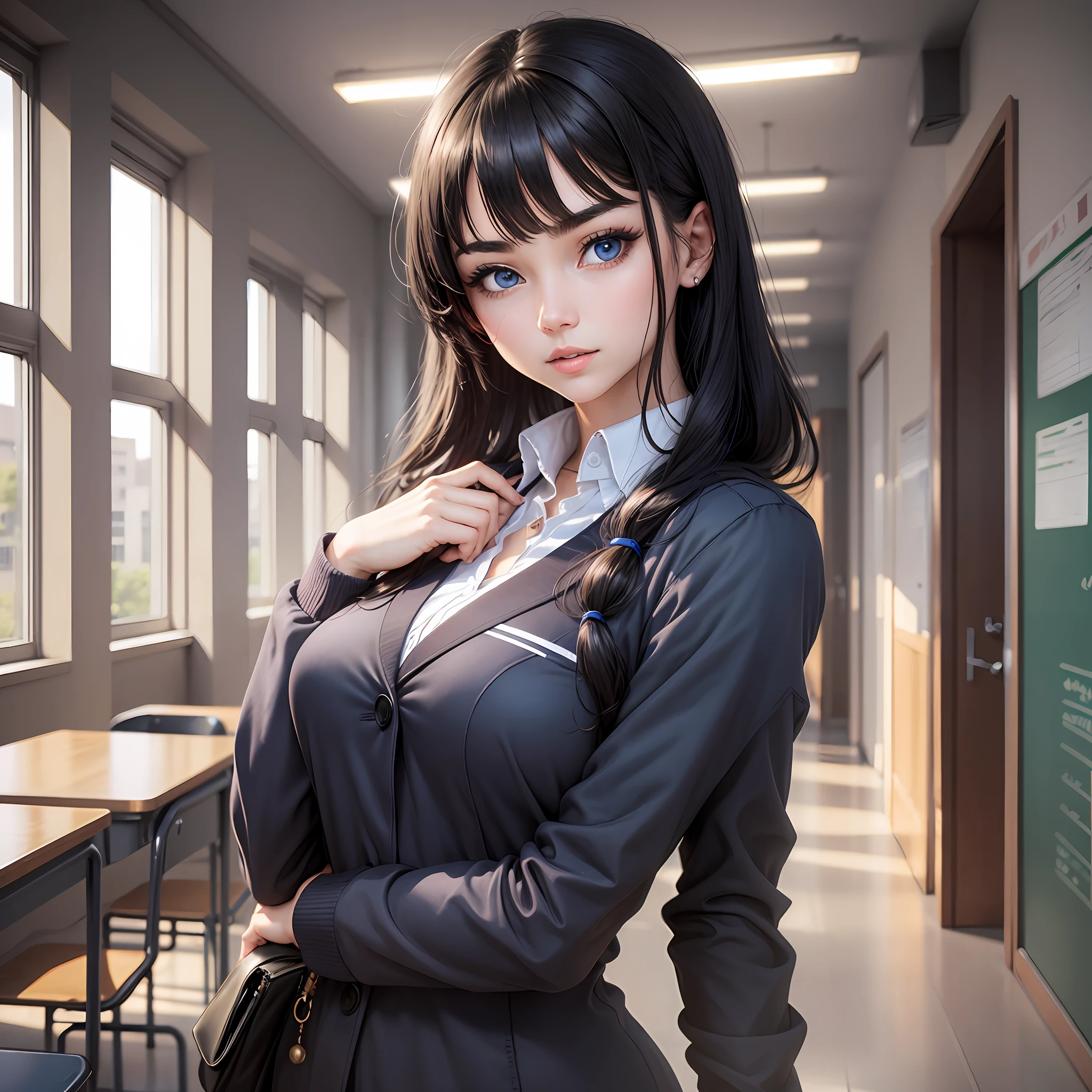 A woman, dynamic pose, inside the school, black hair, blue eyes