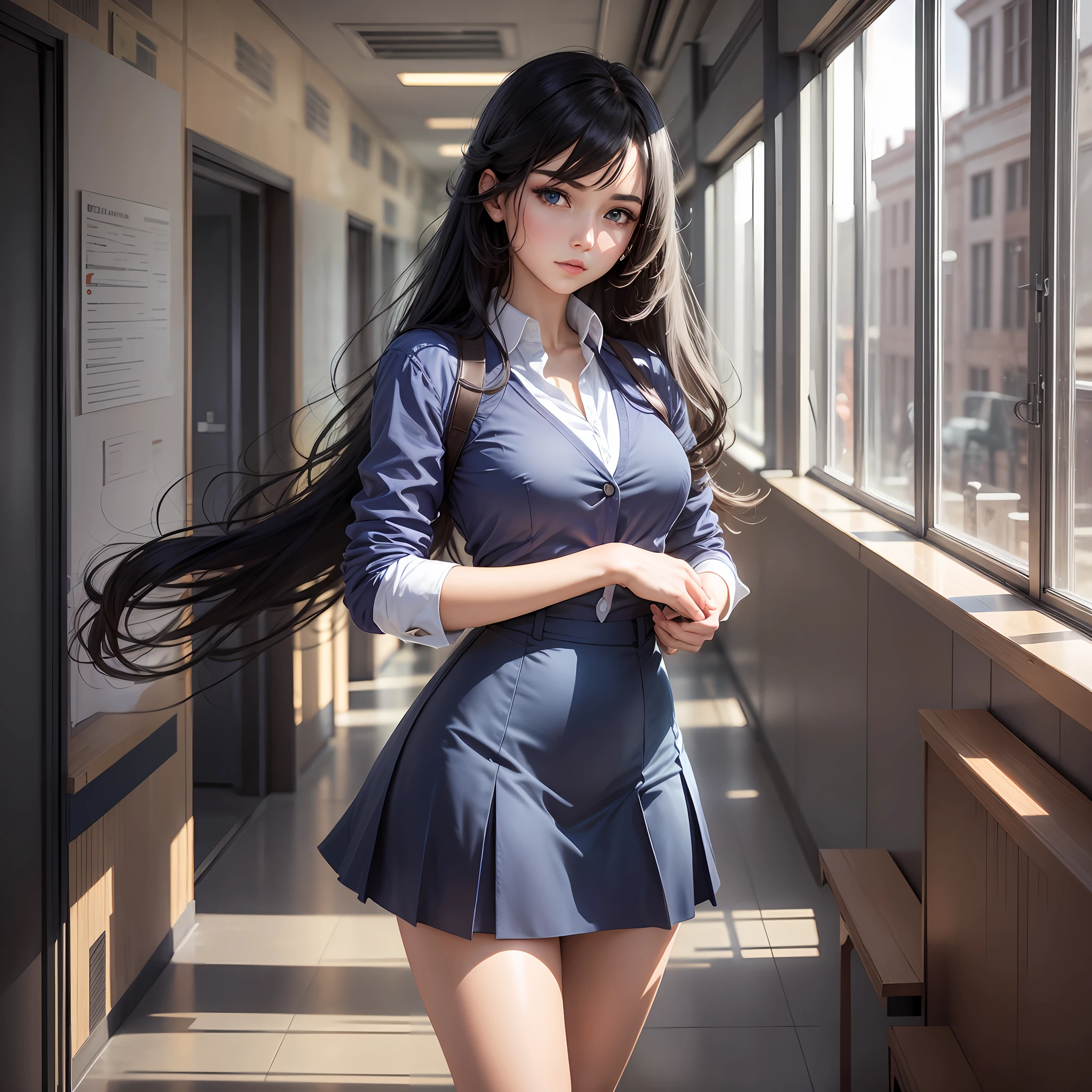 A woman, dynamic pose, inside the school, black hair, blue eyes