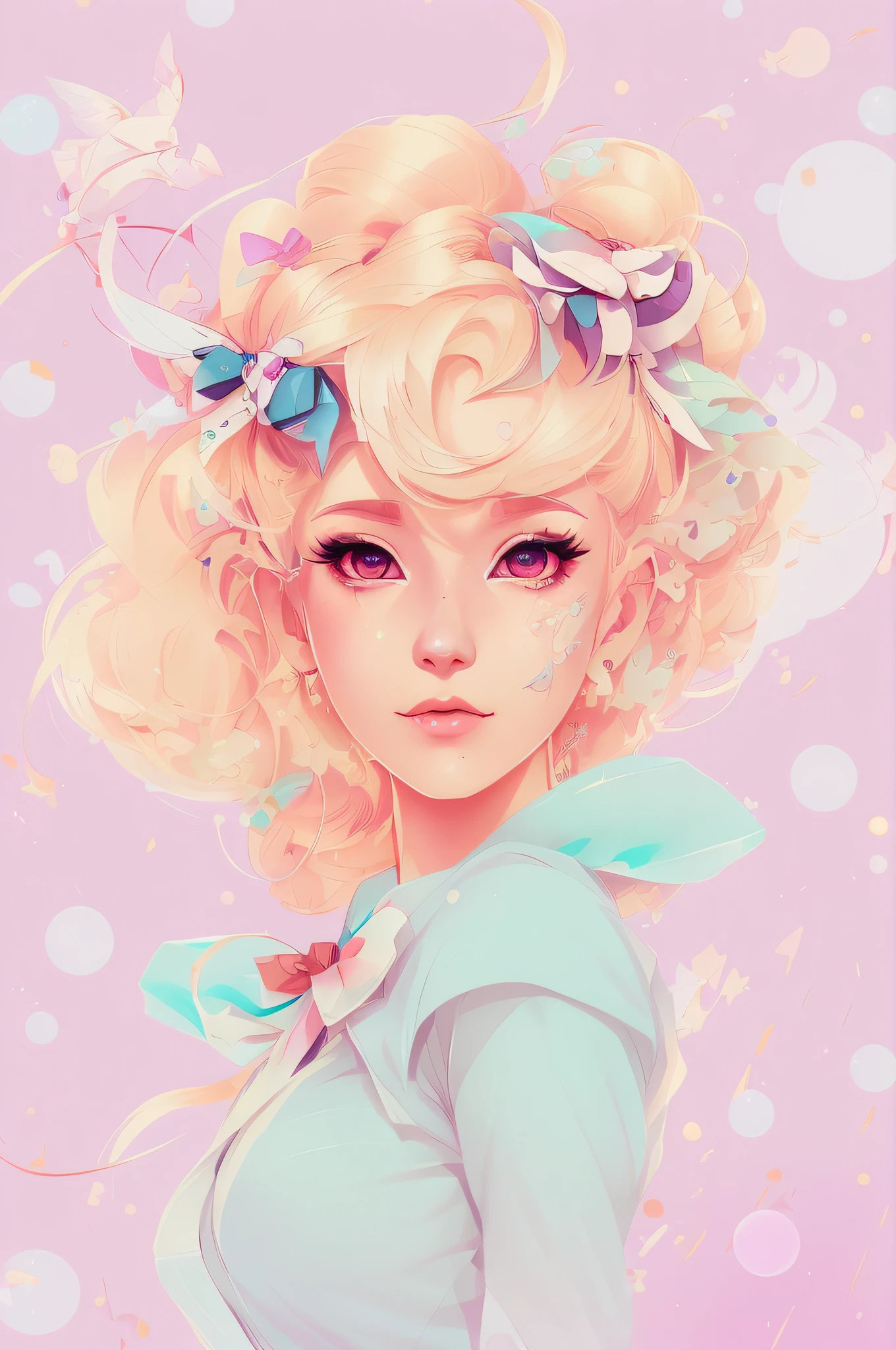 there is a woman with blonde hair and a bow on her head, inspired by Ross Tran, ross tran style, loish and ross tran, loish art style, lois van baarle and rossdraws, in the style of ross tran, rossdraws cartoon vibrant, rossdraws portrait, stunning digital illustration, by Ross Tran, inspired by Lois van Baarle