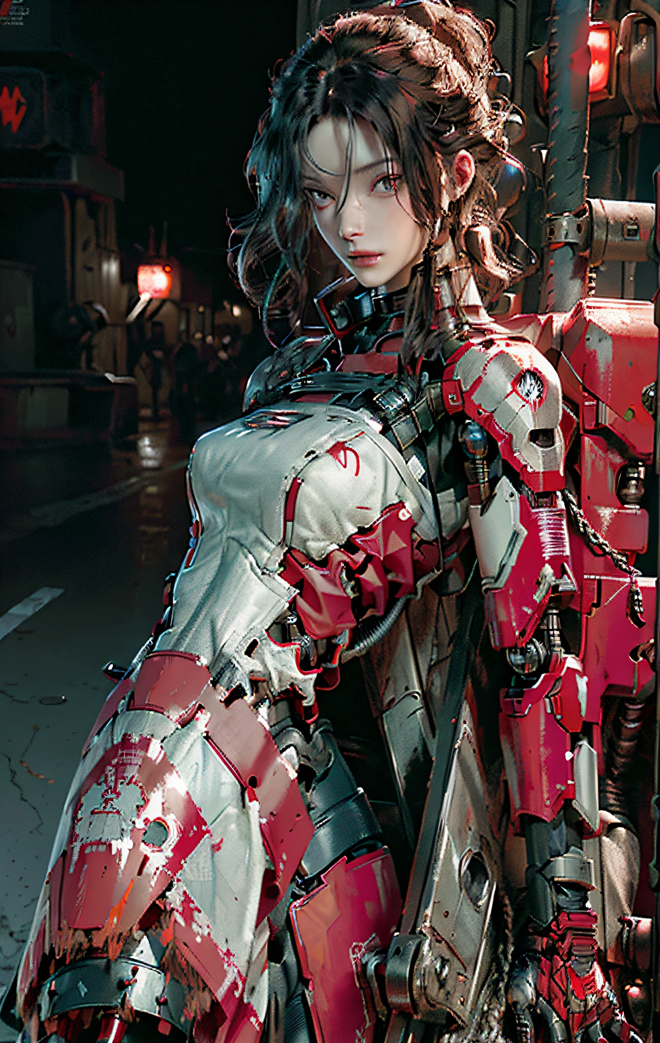 Dark_Fantasy,Cyberpunk,(chain saw,chain saw man,Red:1.1),1man,Mechanical marvel,Robotic presence,Cybernetic guardian, wearing a worn-out mech suit, intricate, (steel metal [rusty]), elegant, clear focus, shot by greg rutkowski, soft lighting, vibrant colors, masterpiece, ((street)), cowboy shot, dynamic pose,