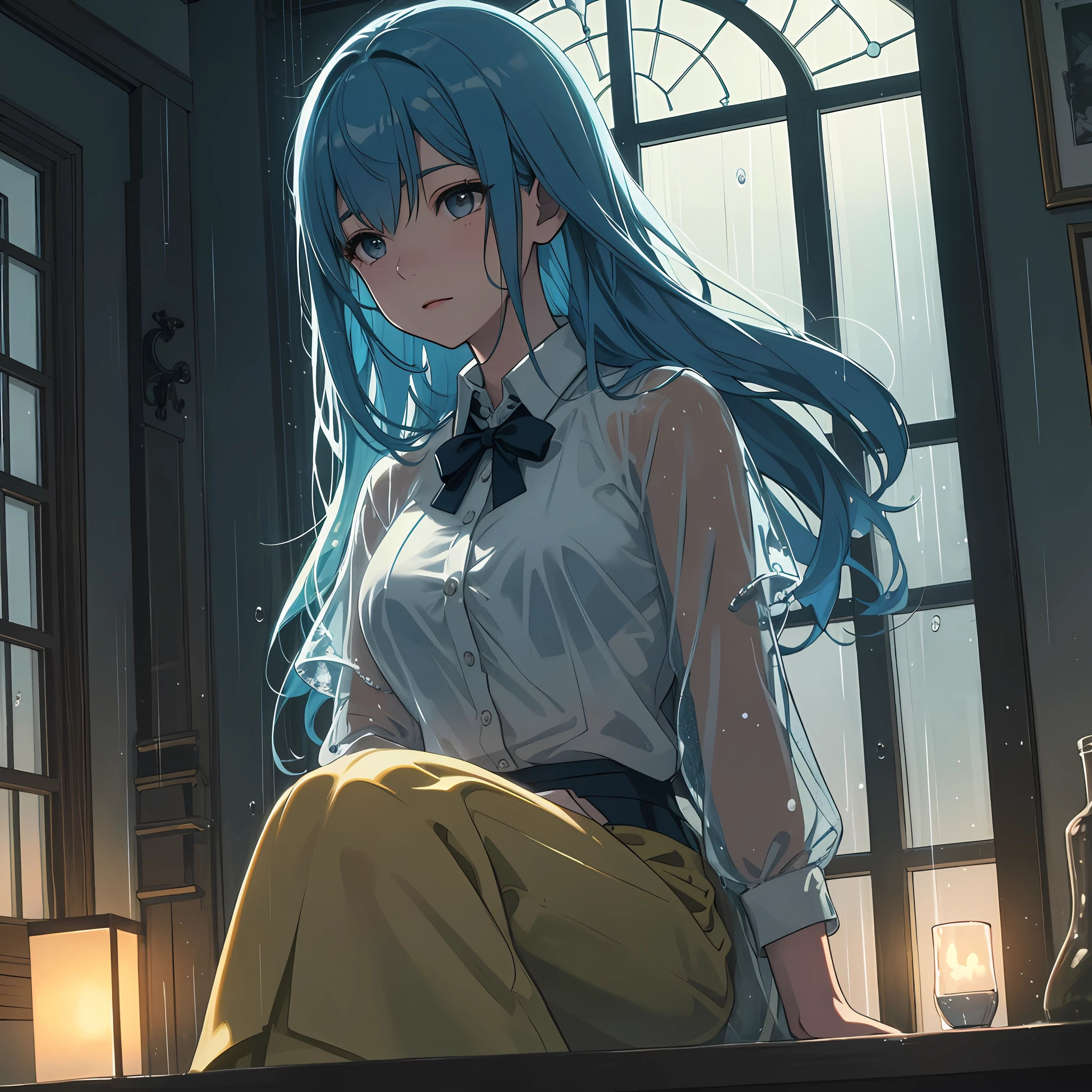(Image quality: HD) Rainy night, (Scene details: indoor glass window) Under dim yellow light, (Character: 1 female) A young woman sits in front of the window, (Scene Details: Character) Gazes (Scene Details: Rain Outside the Window), (Mood: Heavy) Mouth Closed, Gradient Blue Hair, Black Eyes, Official Art Illustration, Delicate Eyes, Front View, CG Illustration, Super Detailed, Rendering Effect, Hazy, Masterpiece, Side Light, 8K