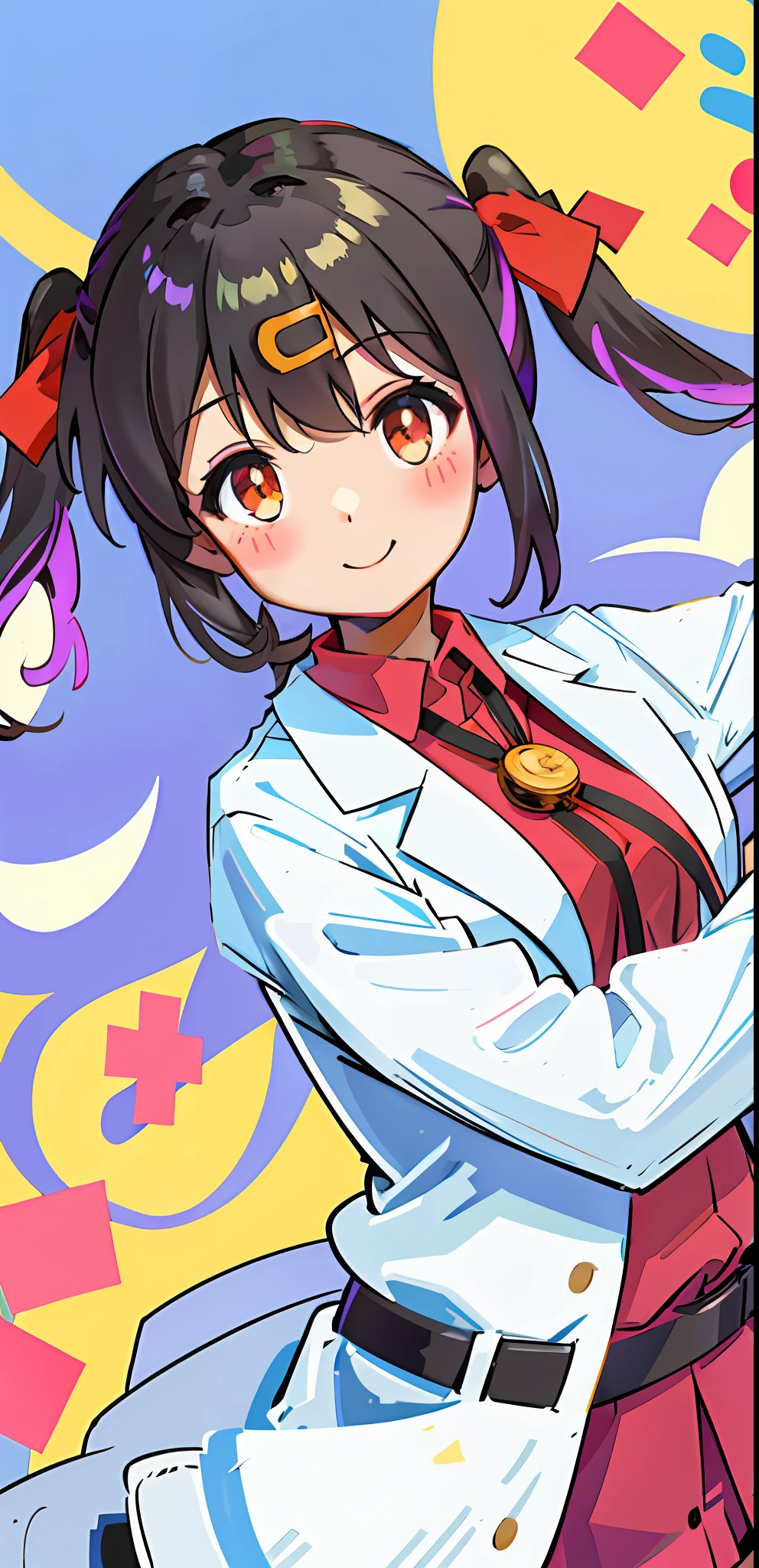 1girl, cowboy shot, straight-on, looking at viewer, light smile, blush stickers, (short twintails:1.2), black hair, hair ribbon, red ribbon, ((hairclip)), closed mouth, ((white long coat)), collared shirt, red shirt, labcoat, long sleeves, hands in pocket, belt, belt buckle, black miniskirt, solo, bare tree, building, city, cityscape, day, outdoors, street, tokyo \(city\), tree, pointing,large breast