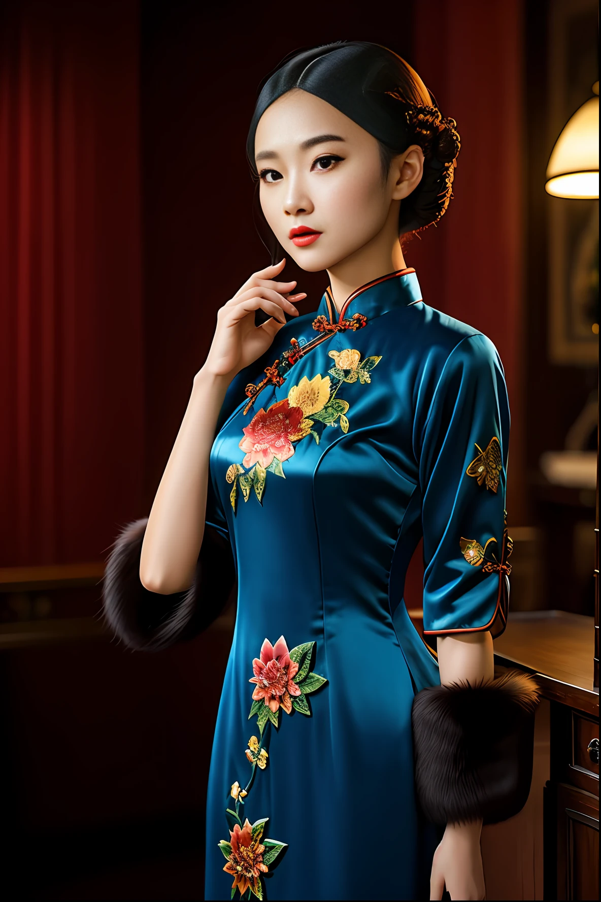 Realistic, high resolution, 1 girl in gorgeous cheongsam, fur, (raw photo,intricate ultra-detailed costumes: 1.4, extremely gorgeous costumes), 1930s Shanghai, cinematic lighting, vintage microphone, neon, masterpiece, perfect anatomy, perfect face, abstract beauty, illustration, best quality, (official art, extremely detailed CG Unity 8k wallpaper), highly detailed, absurd, 8k resolution, (((realistic))), (((realistic))), popular on art stations