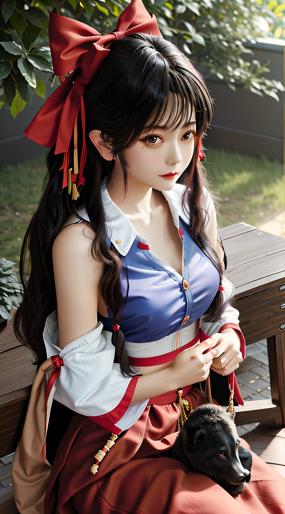 Top Quality, Masterpiece, 1 Girl, Beautiful Face, ((Borei Reimu)))), (Touhou Project))), 20-year-old woman, (Photographic photo:1.3), Rim lighting, (High detail skin:1.2), 8K UHD, DSLR, High quality, High resolution, 4K, 8K, Bokeh, Absurdity, Best ratio four fingers and one thumb, (Real:1.3), Bangs, Cute 1 girl, Red ribbon, Midchest , Light clothing, Red skirt, Banknote