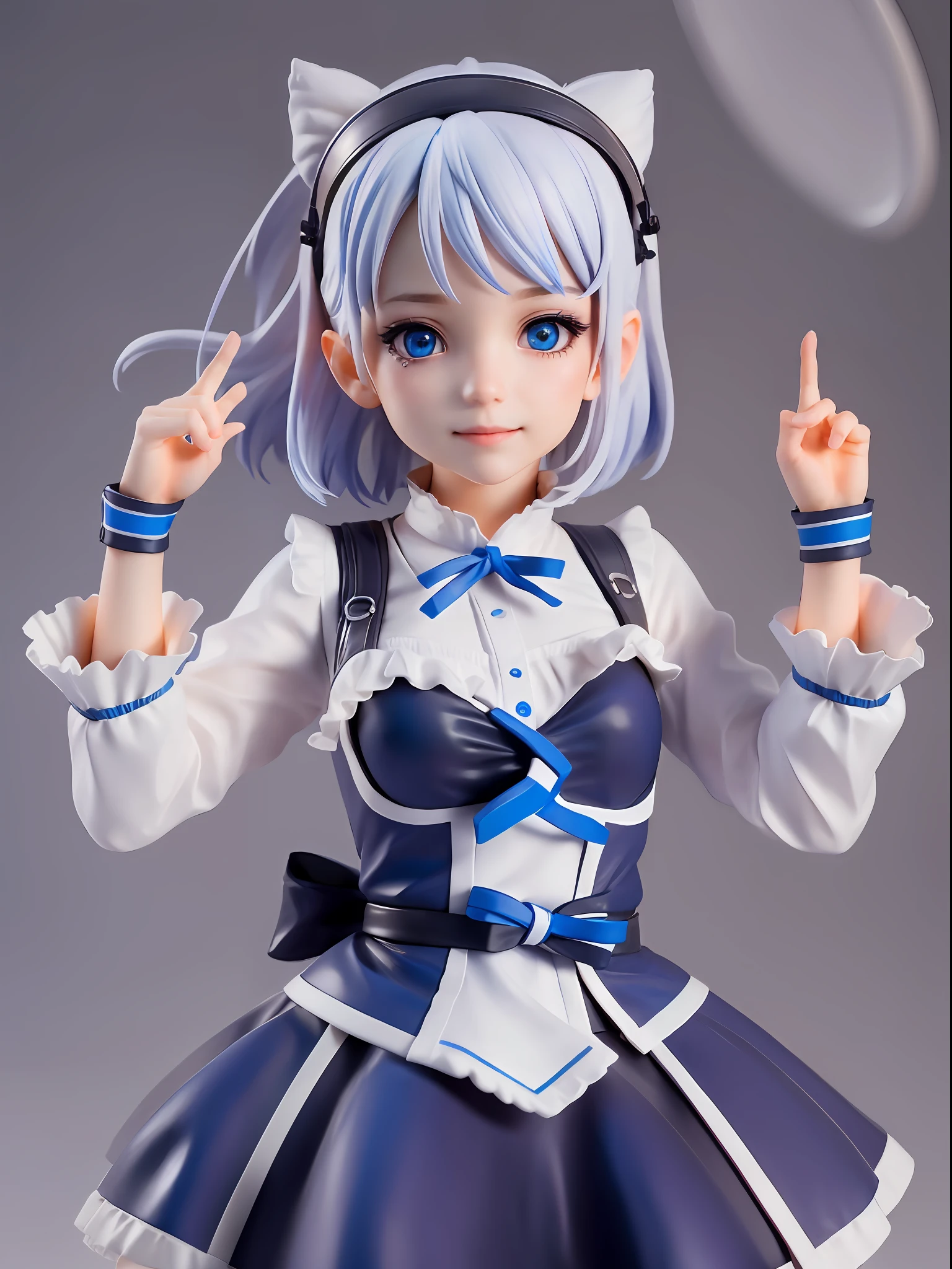 1girl,white hair,((bule hair tips)),black headphone,blue ribbon hairband,maid clothes(white blue),blue eye,hand up, short hair,hair between eyes BREAK full body, chibi, [realistic], [3d], (3dcg), ((octane render)), smile, closed mouth BREAK (8k, RAW photo, best quality, masterpiece:1.2), ultra high res, (((realistic, photo-realistic))), professional lighting, detailed lighting, professional photography, fisheye, dynamic angle, high quality, high res, extremely detailed, bloom BREAK depth of field, sketch, sharp focus, soft lighting, good composition, god light highlight, detailed, (((photorealistic details))), detailed skin, to8contrast style