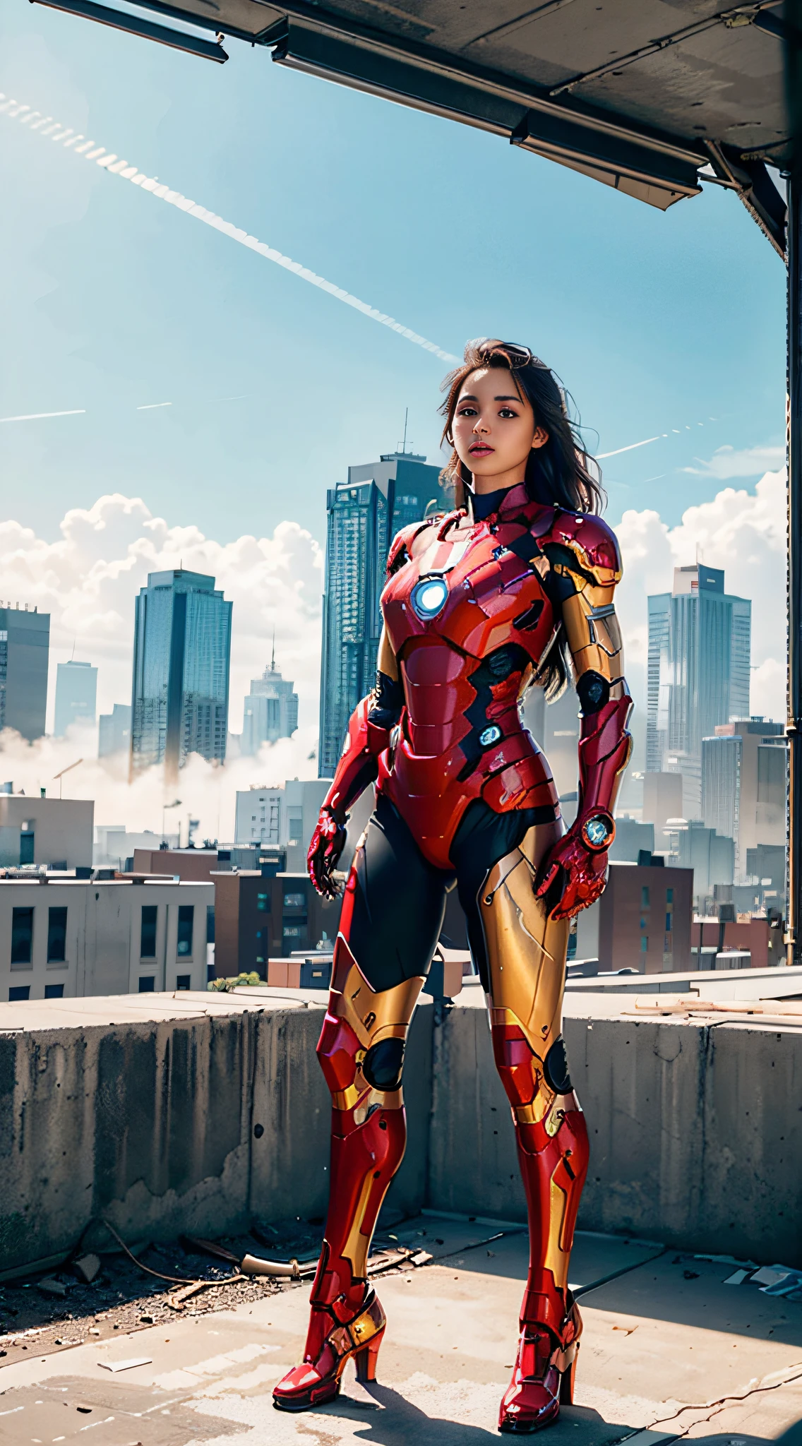 RAW, Masterpiece, Ultra Fine Photo,, Best Quality, Ultra High Resolution, Photorealistic, Sunlight, Full Body Portrait, Stunningly Beautiful,, Dynamic Poses, Delicate Face, Vibrant Eyes, (Side View) , she is wearing a futuristic Iron Man mech, red and gold color scheme, highly detailed abandoned warehouse background, detailed face, detailed and complex busy background, messy, gorgeous, milky white, high detailed skin, realistic skin details, visible pores , sharp focus, volumetric fog, 8k uhd, dslr camera, high quality, film grain, fair skin, photorealism, lomography, sprawling metropolis in futuristic dystopia, view from below, translucent