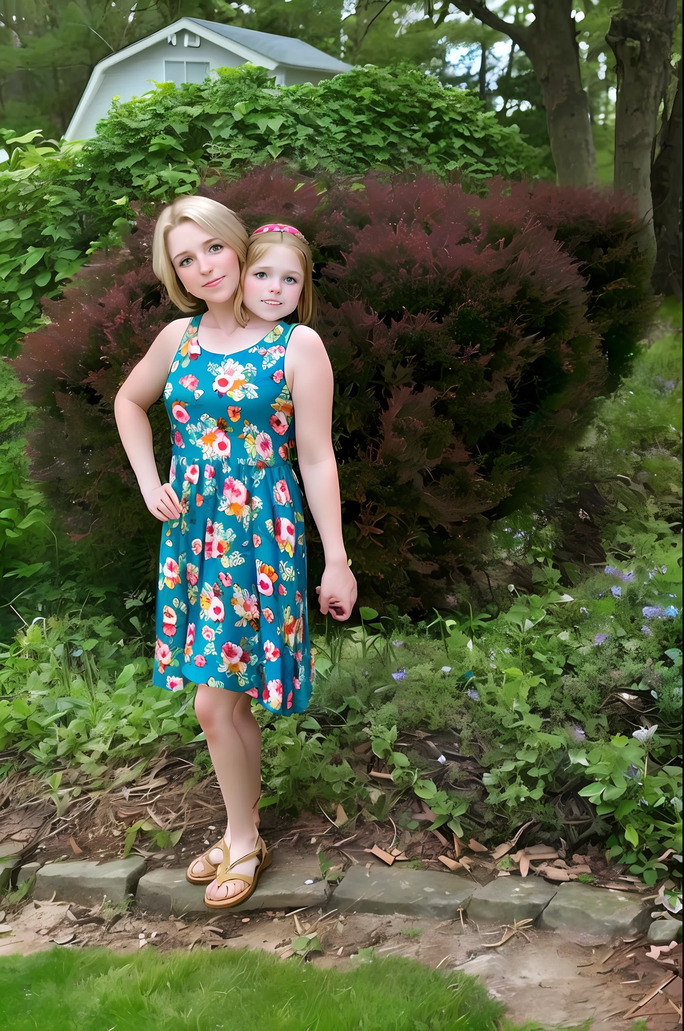 2heads, mom and daughter, (one head:1.5 child), (one head:1.5 young adult), white girls, different ages, (two heads on one body:1.5), conjoined twins, heads side by side, one torso, young, photorealistic, uncomfortable,