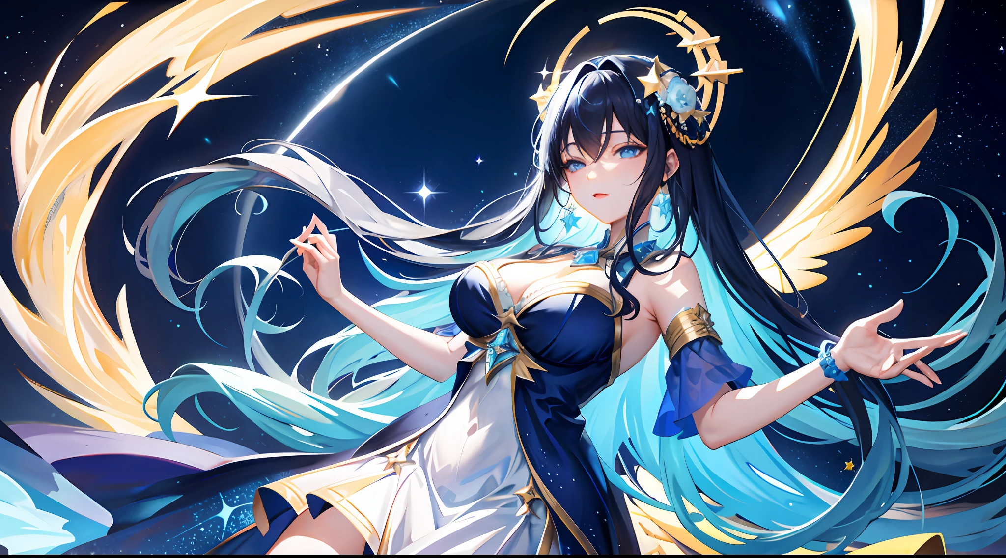 goddess of star, detailed blue dress, starry pattern, exquisite, complex, starry sky, (open mouth:0.5), expressionless, hair ornament, [half-closed eyes:0.5], big breasts, cowboy shot,