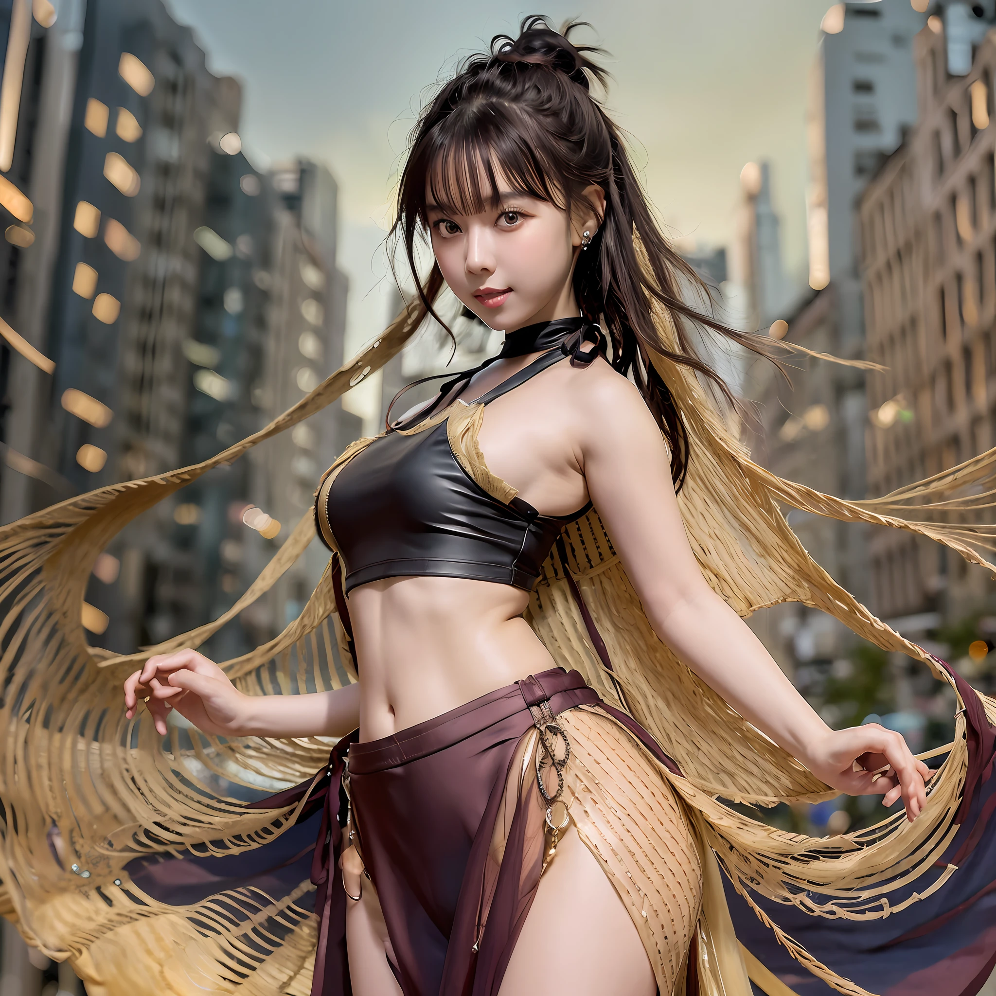 masterpiece, best quality, high res, (photorealistic:1.0), earrings, (depth of field:1.2), beautiful Korean girl, thigh gap, 1 girl,glow skin, long hair on her shoulder, ponytail, (solo:1.1), red, (slit skirt curtain:1.2),(halter neck t-shirt), shinobi, ninja, bare shoulder, elbow gloves,  (looking at viewer:1.2), (smile:1.2), (full body), ((wide view)),(in the city), medium breast, face details, big eyes with brown color eyeliner, eyes detail, thick ass,