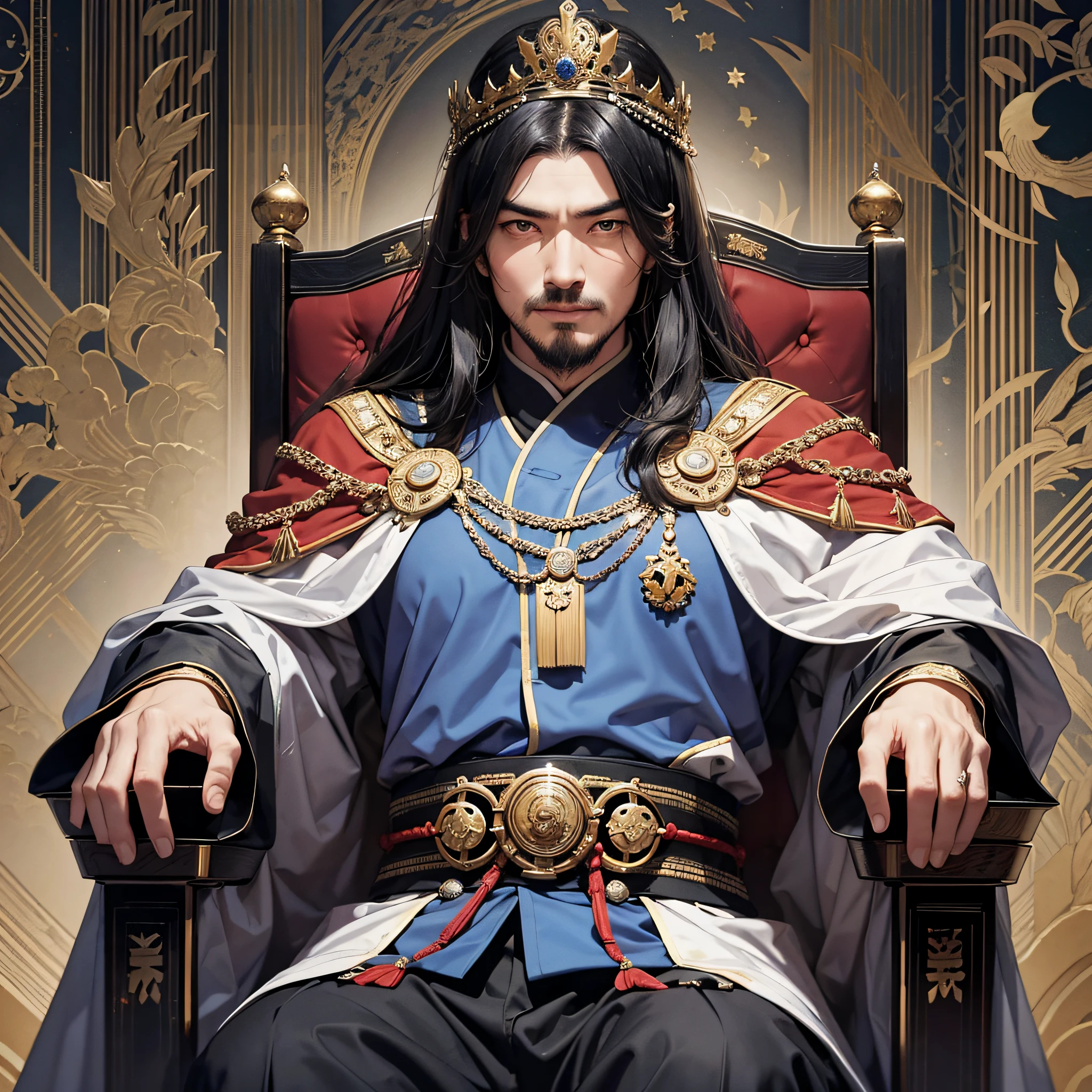 Warring States Period, Emperor, 40s, Very strong, Sitting in the Emperor's Chair, Stern Gaze, Dynamic Wallpaper, 8K, Very Delicate, Very Dense, Bright Color, Black Hair, Majesty of a King, Upper Body, From Chest Up