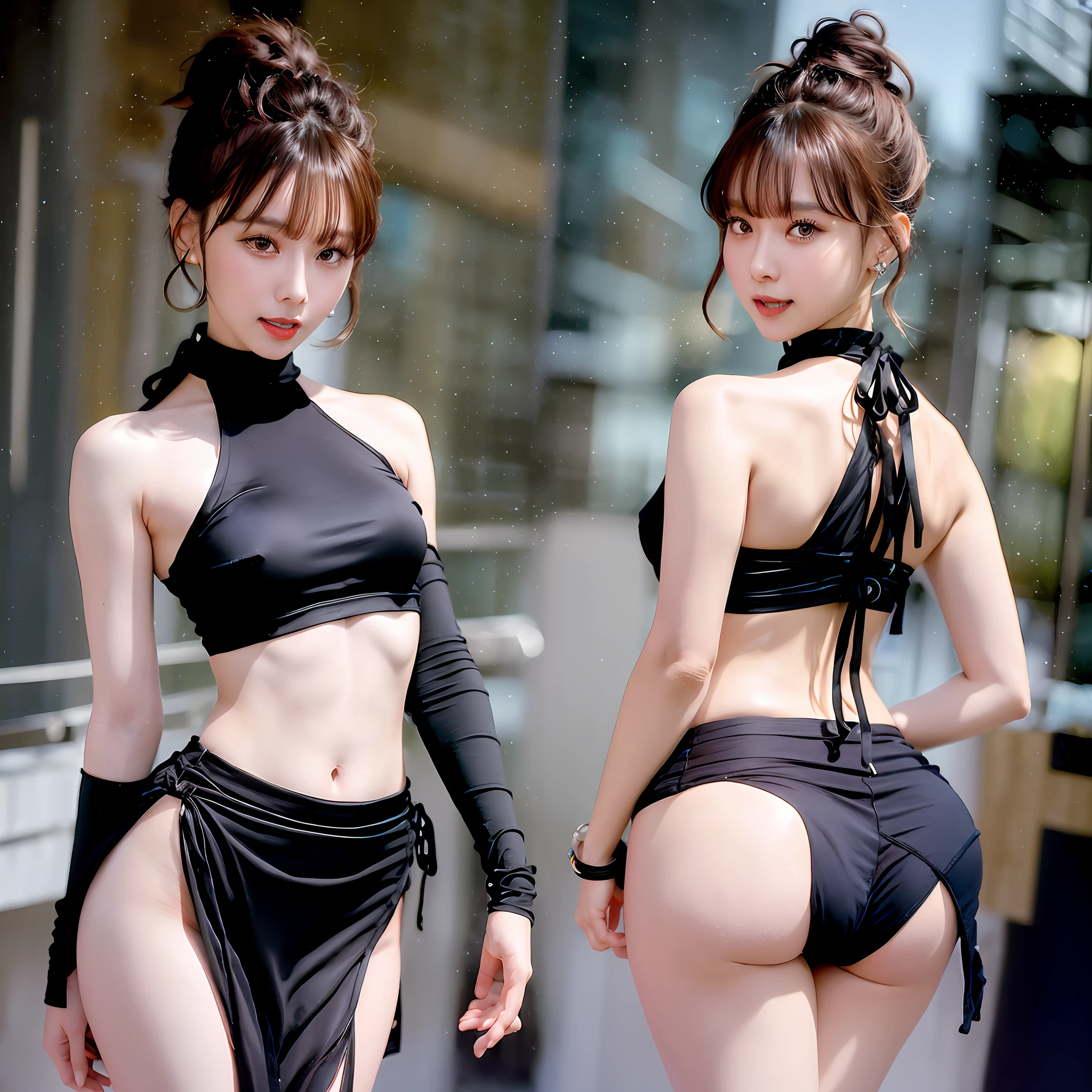 masterpiece, best quality, high res, (photorealistic:1.0), earrings, (depth of field:1.2), beautiful Korean girl, thigh gap, 1 girl,glow skin, long hair on her shoulder, ponytail, (solo:1.1), red, (slit skirt curtain:1.2),(halter neck t-shirt), shinobi, ninja, bare shoulder, elbow gloves, (looking at viewer:1.2), (smile:1.2), (full body), ((wide view)),(in the city), medium breast, face details, big eyes with brown color eyeliner, eyes detail, thick ass,