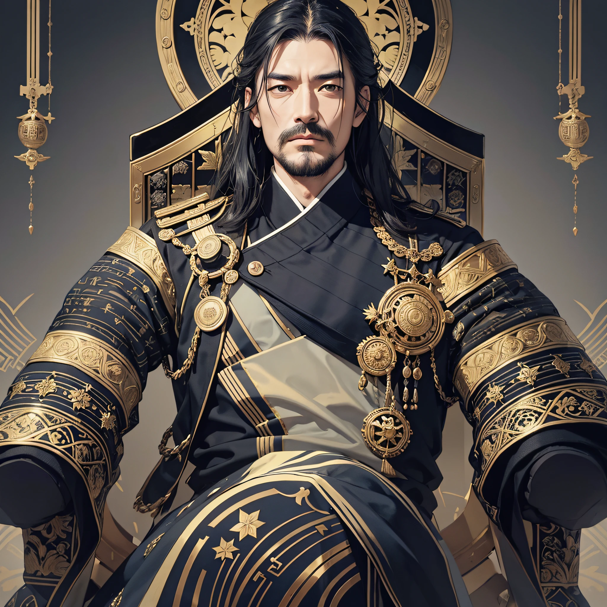 Warring States Period, Emperor, 40s, Very strong, Sitting in the Emperor's Chair, Stern Gaze, Dynamic Wallpaper, 8K, Very Delicate, Very Dense, Bright Color, Black Hair, Majesty of a King, Upper Body, From Chest Up