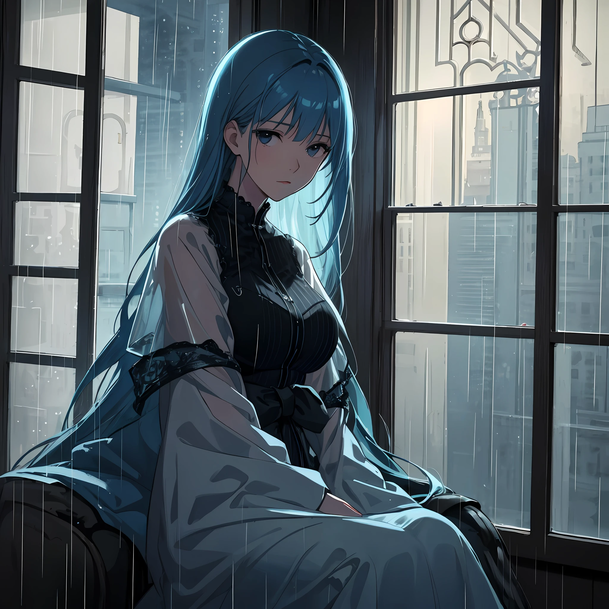 (Quality: Super clear) Rainy night, (Scene details: Indoor glass window) Under dim light, (Character: 1 female) A young woman sits in front of the window, (Scene Details: Character) Gazes (Scene Details: Rain Outside the Window), (Mood: Heavy) Mouth Closed, Gradient Blue Hair, Black Eyes, Official Art Illustration, Delicate Eyes, Front View, CG Illustration, Super Detailed, Rendering Effect, Hazy, Masterpiece, Side Light, 8K