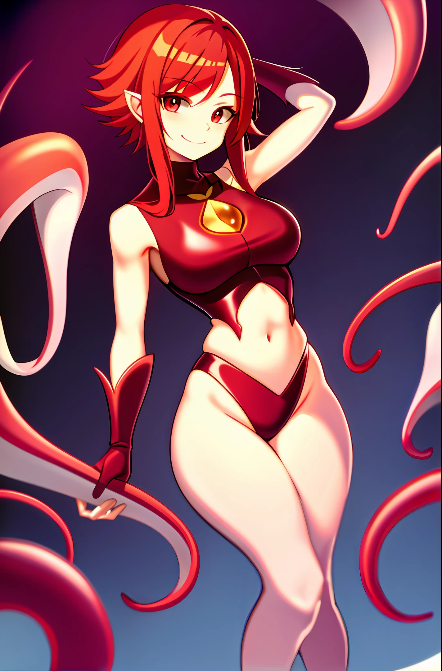 Red hair, dragon, cute, beautiful, little smile, hourglass body type, tentacles, anime girl