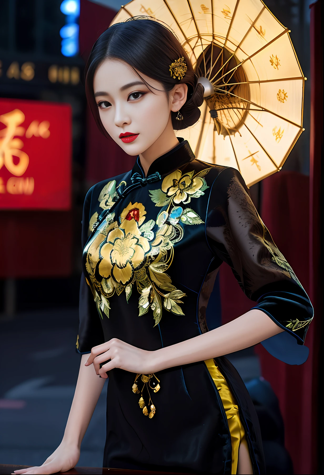 Realistic, high resolution, 1 girl in gorgeous cheongsam, fur, (raw photo,intricate ultra-detailed costumes: 1.4, extremely gorgeous costumes), 1930s Shanghai, cinematic lighting, vintage microphone, neon, masterpiece, perfect anatomy, perfect face, abstract beauty, illustration, best quality, (official art, extremely detailed CG Unity 8k wallpaper), highly detailed, absurd, 8k resolution, (((realistic))), (((realistic))), popular on art stations